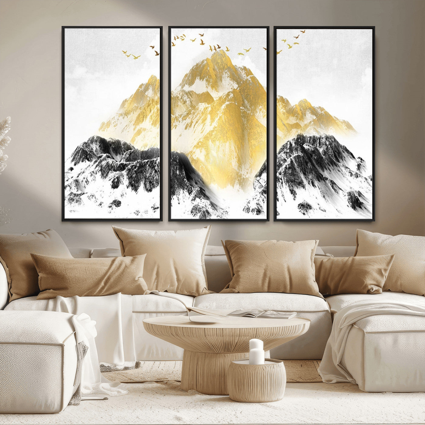 MGV-FC-48X32-3P - Golden Mountain Triptych Wall Art, Modern Giclee Canvas Print, Nature Landscape Decor for Living Room, Contemporary Gold and Black Wall Art