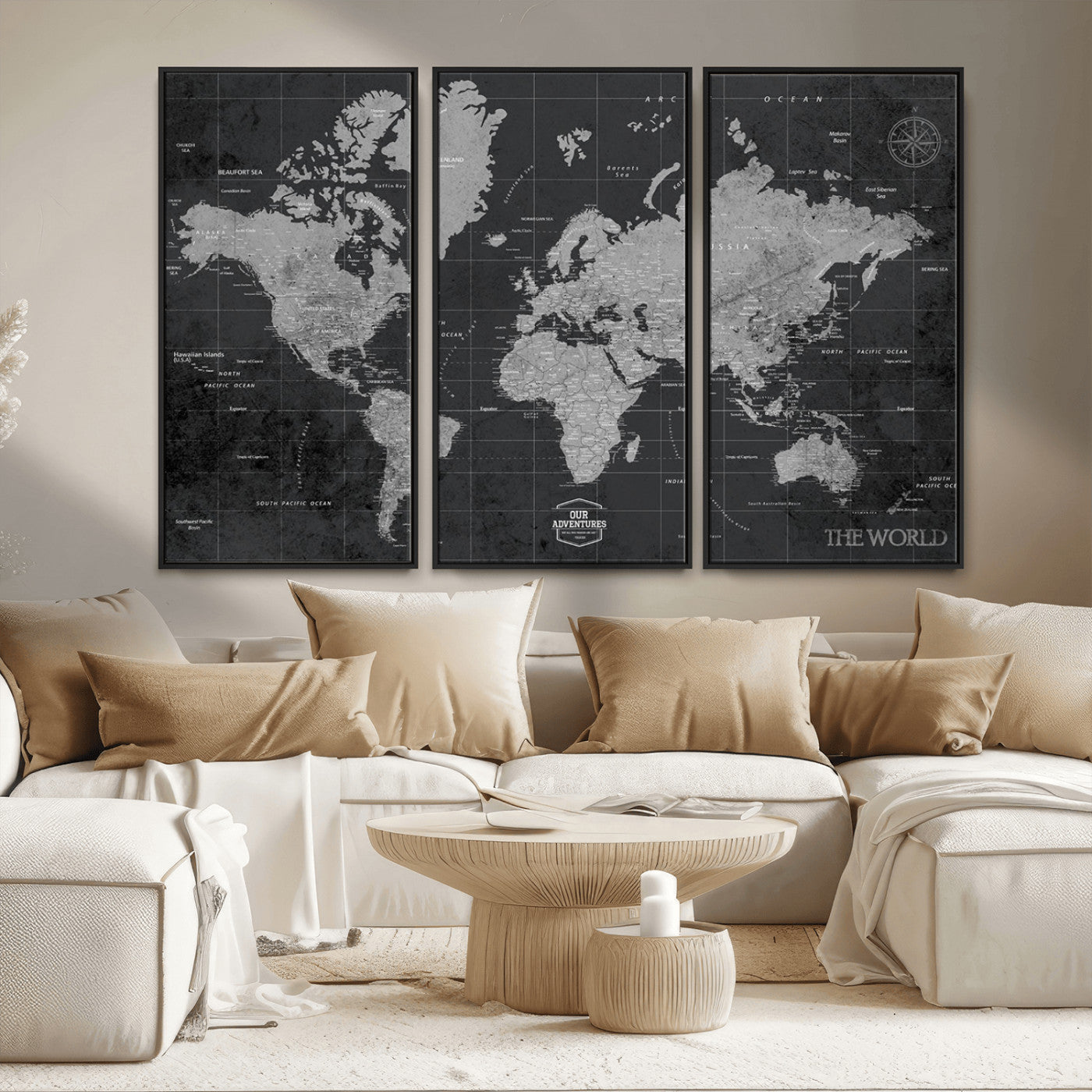 MGV-FC-48X32-3P - Push Pin World Map Canvas Print – Framed Wall Art for Couples to Track Their Travels – Anniversary