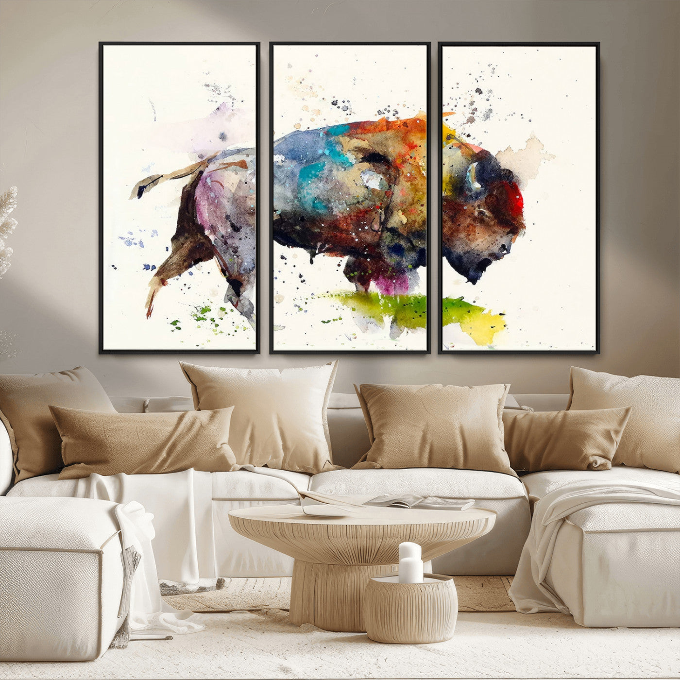 MGV-FC-48X32-3P - Abstract Buffalo Wall Art, Western Watercolor Bison Canvas Print, Rustic Buffalo Art for Cowboy and Western Decor, Large Multi-Panel Giclee Canvas
