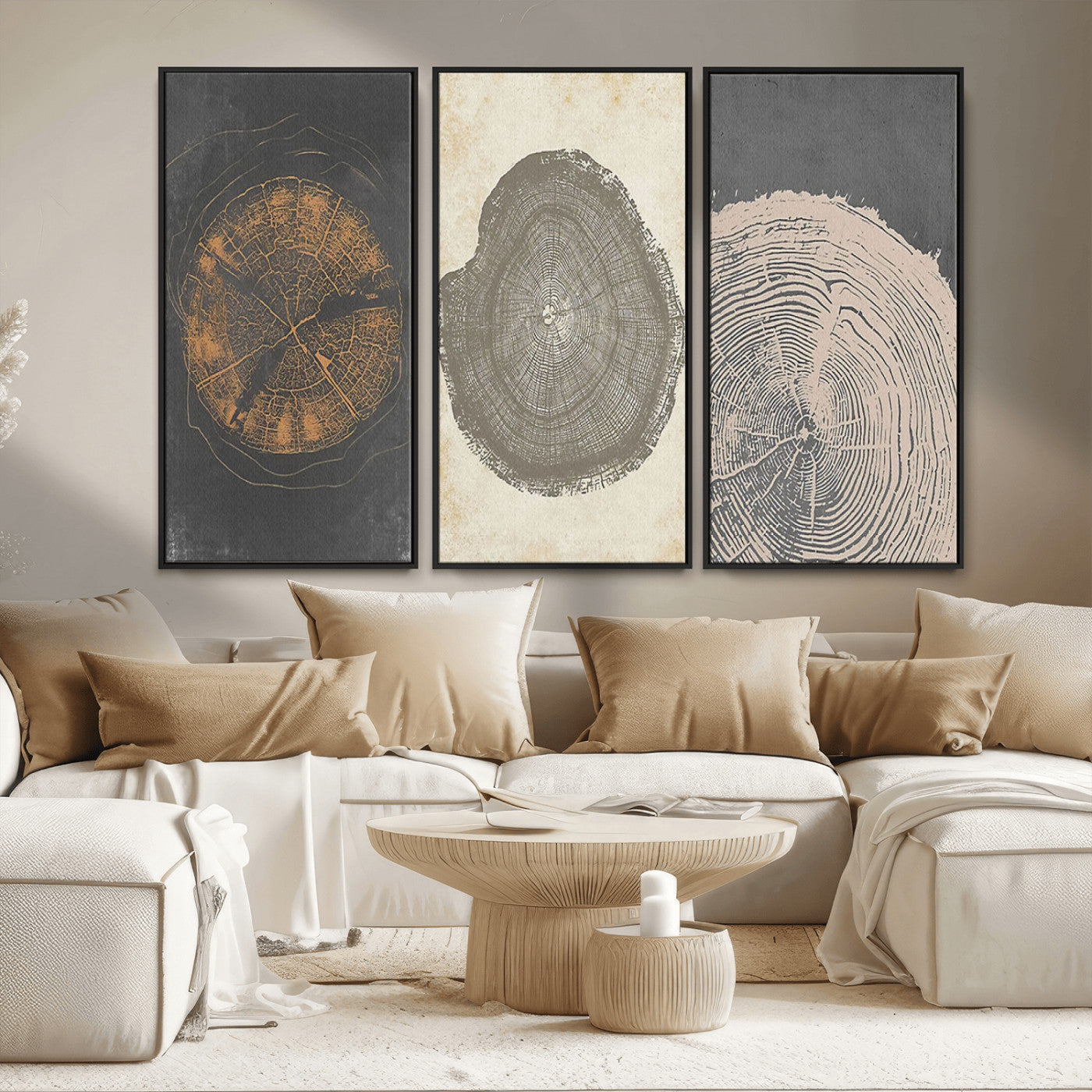 MGV-FC-48X32-3P - Boho Tree Ring Wall Art, Modern Minimalist Wood Grain Canvas, Tree Slice for Rustic Decor, Farmhouse Decor Giclee Canvas Print, Tree Ring Canvas Set