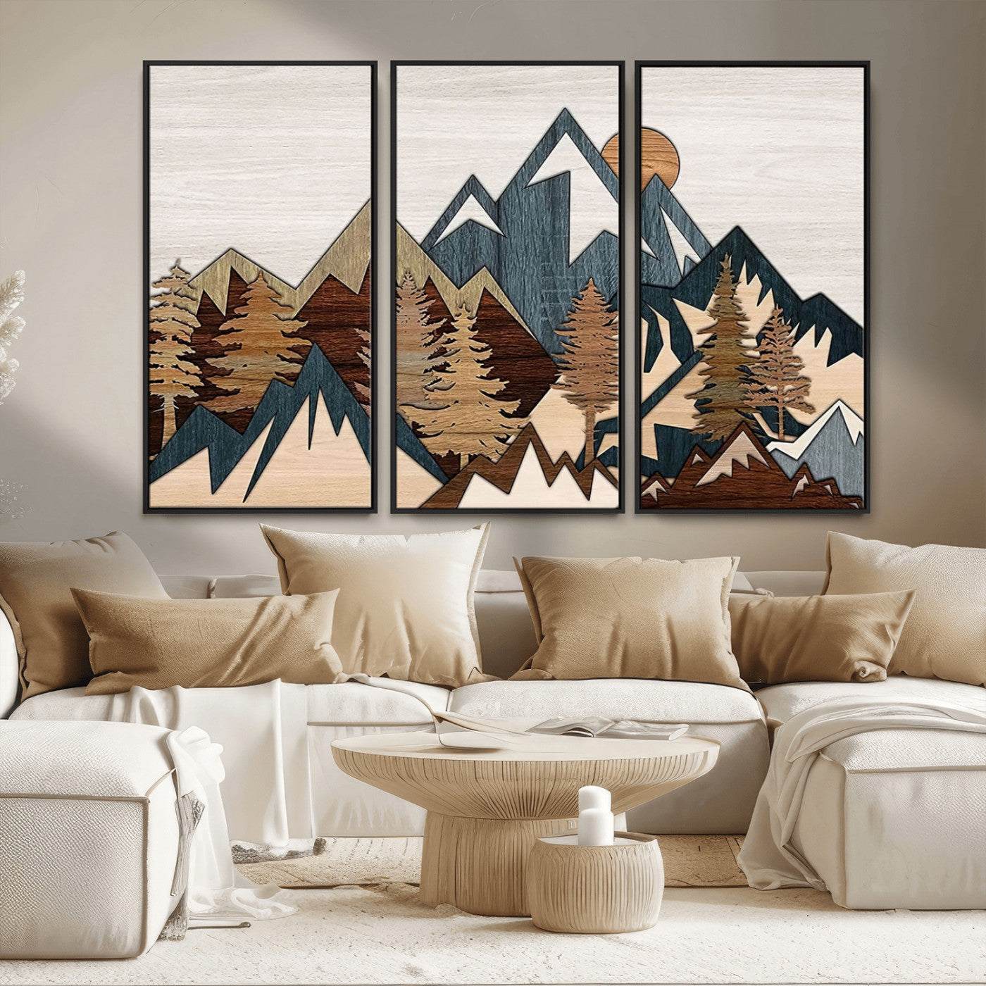 MGV-FC-48X32-3P - Woodland Mountain Landscape Triptych, Giclee Canvas Art for Modern Home, Rustic Wooden Nature Wall Art, Large Mountain and Tree Canvas for Living Room