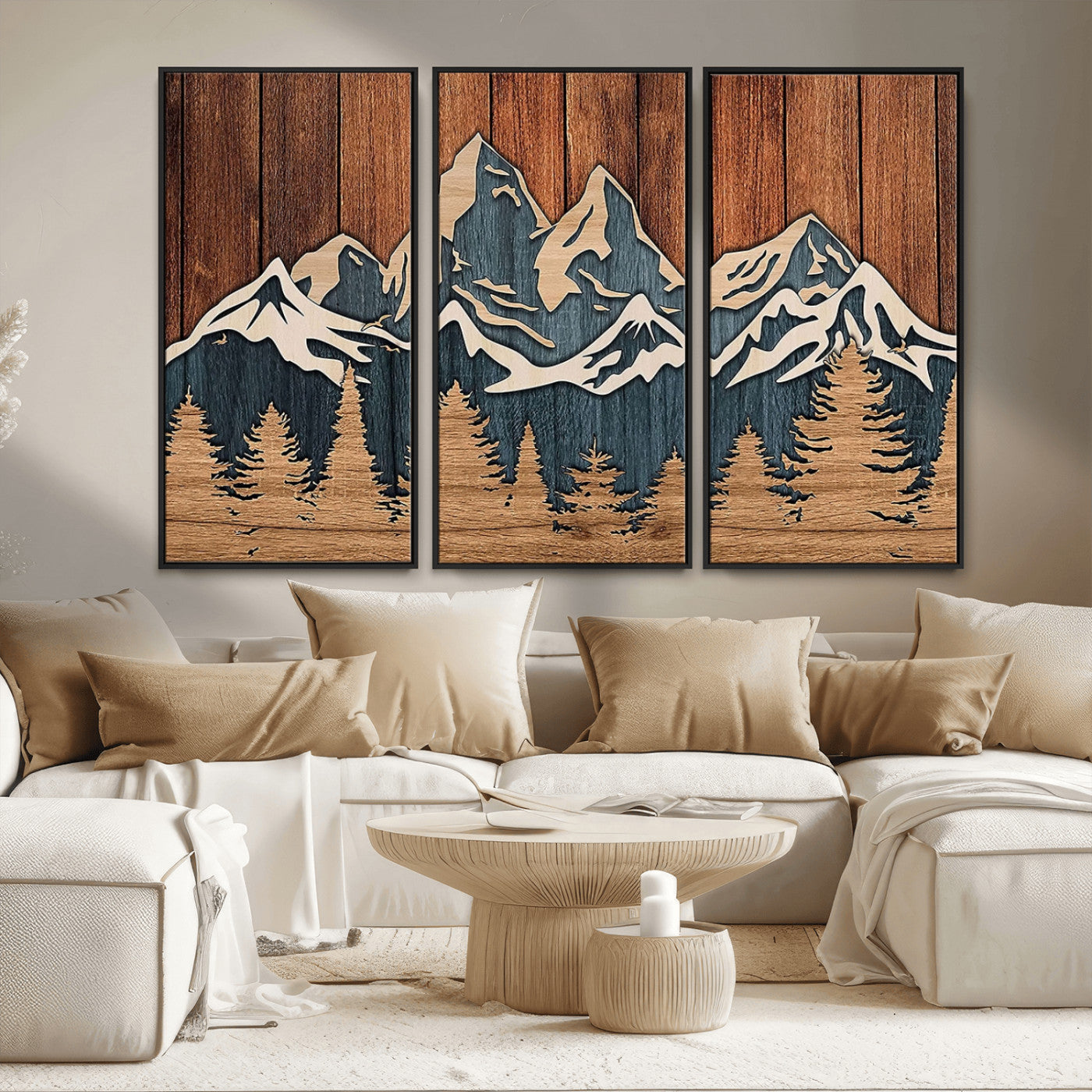 MGV-FC-48X32-3P - Rustic Wood Style Mountain Wall Art, Nature Forest Canvas Print, Wooden Textured Mountain Artwork, Handcrafted Landscape Decor for Farmhouse Decor