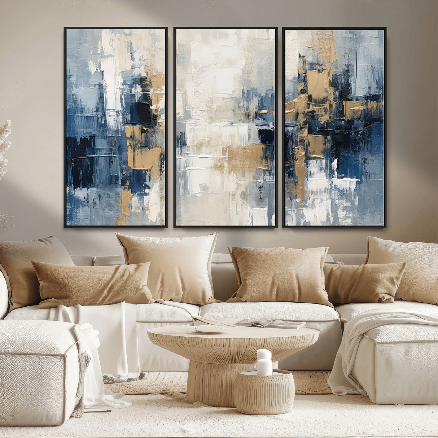 -Modern Abstract Canvas Wall Art in Blue and Gold Tones | Large Contemporary Art for Living Room,