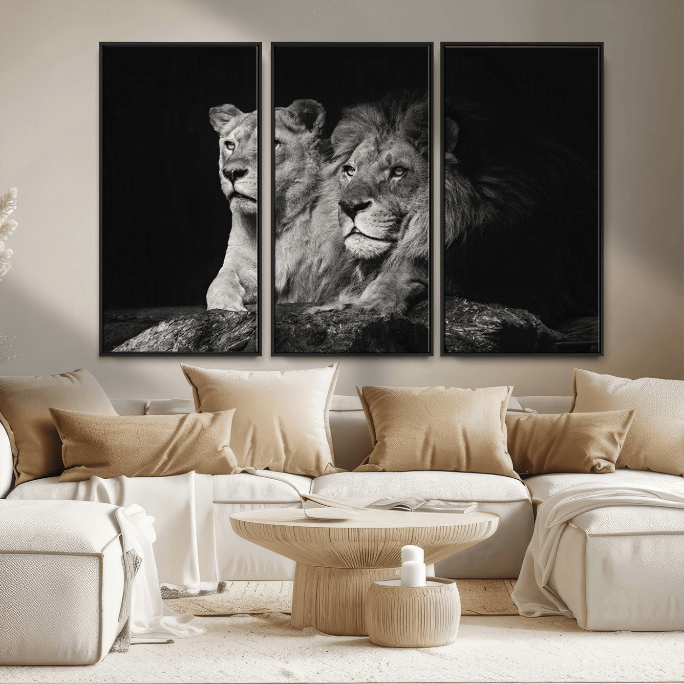 MGV-FC-48X32-3P - Lion Couple Canvas Wall Art Print – Elegant Wildlife Portrait in Black and White Lion Family – Ready to Hang