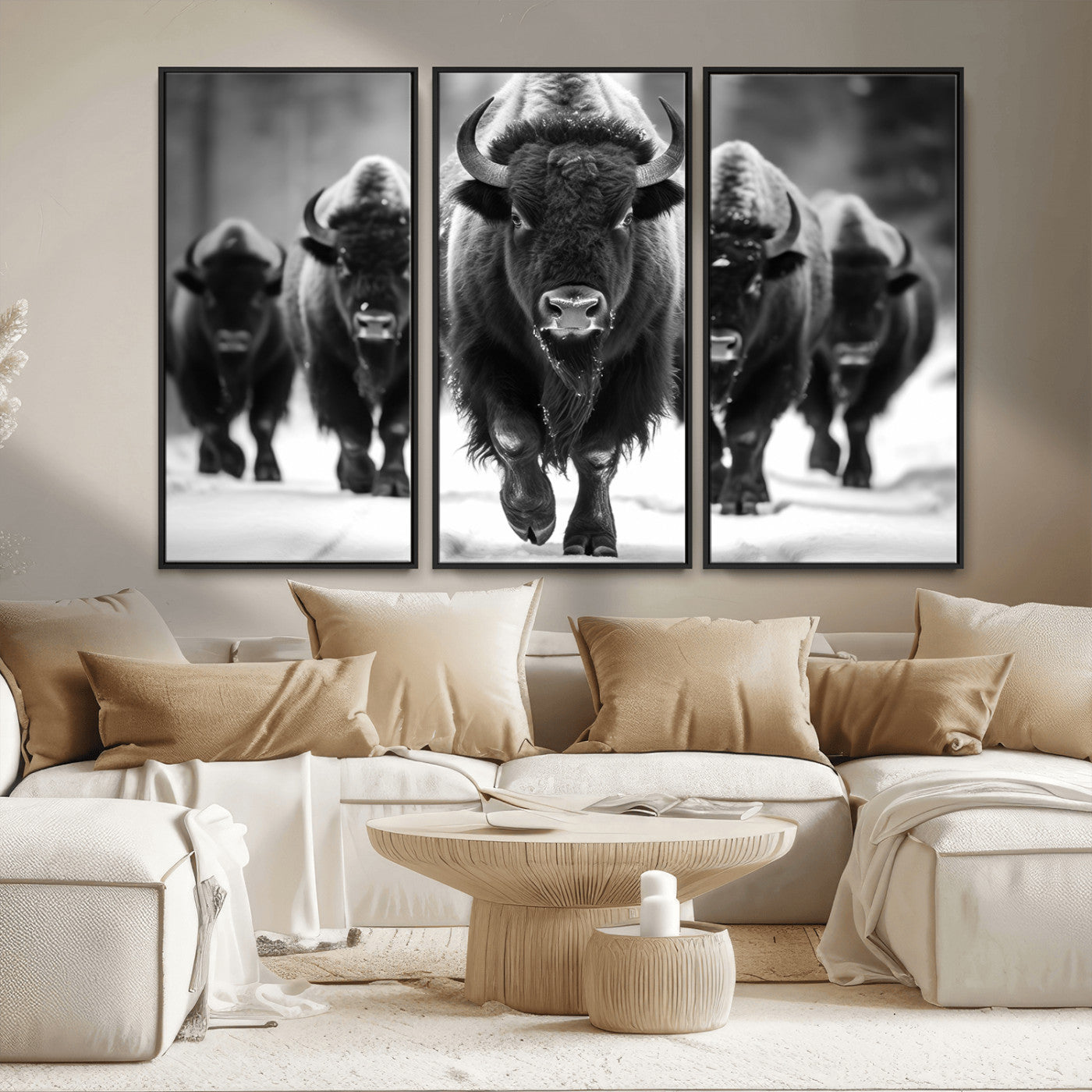 MGV-FC-48X32-3P - American Bison Art | Buffalo Herd Wall Art Canvas Print, BW American Bison Herd Wall Art Canvas Print
