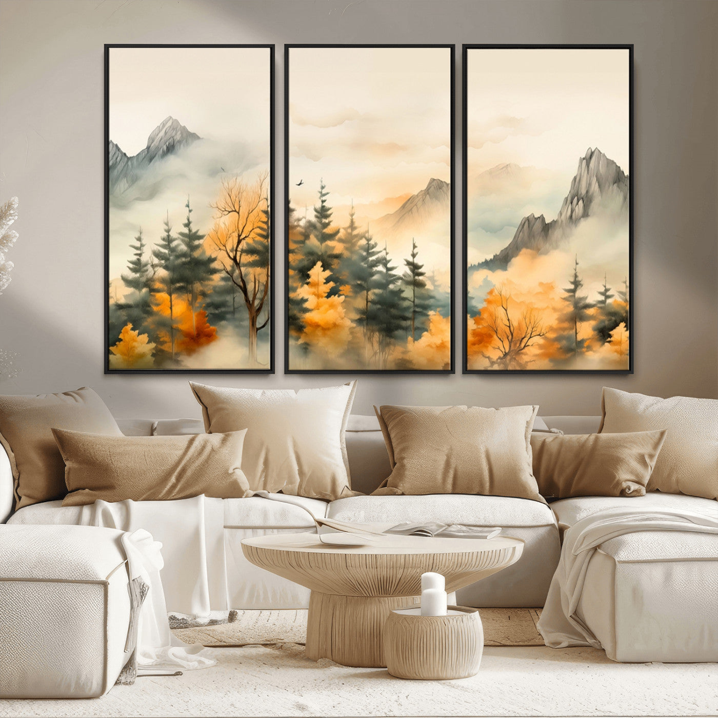 MGV-FC-48X32-3P - Abstract Watercolor Mountains and Trees Autumn Art, Watercolor Mountains and Trees Canvas Print