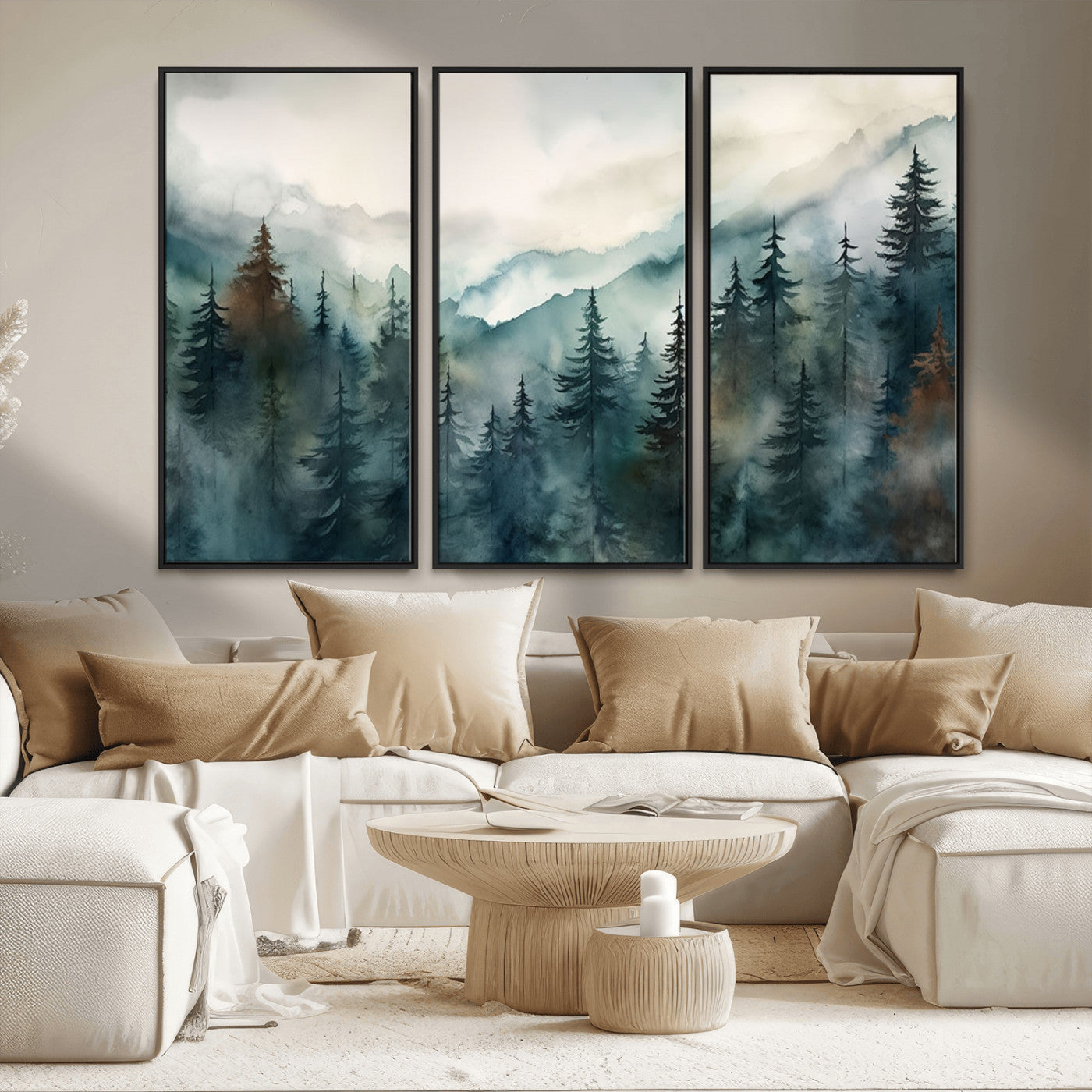 48468-MGV-FC-48X32-3P_Black-Serenity Forest Wall Art Canvas | Foggy Mountain Landscape Canvas Print for Living Room or Office | Nature-Inspired Woodland Decor
