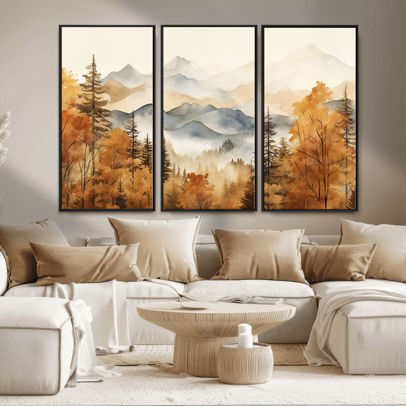 MGV-FC-48X32-3P - Golden Autumn Forest Wall Art | Mountain Landscape Canvas Print for Living Room or Bedroom | Large Wall Decor with Nature-Inspired Design