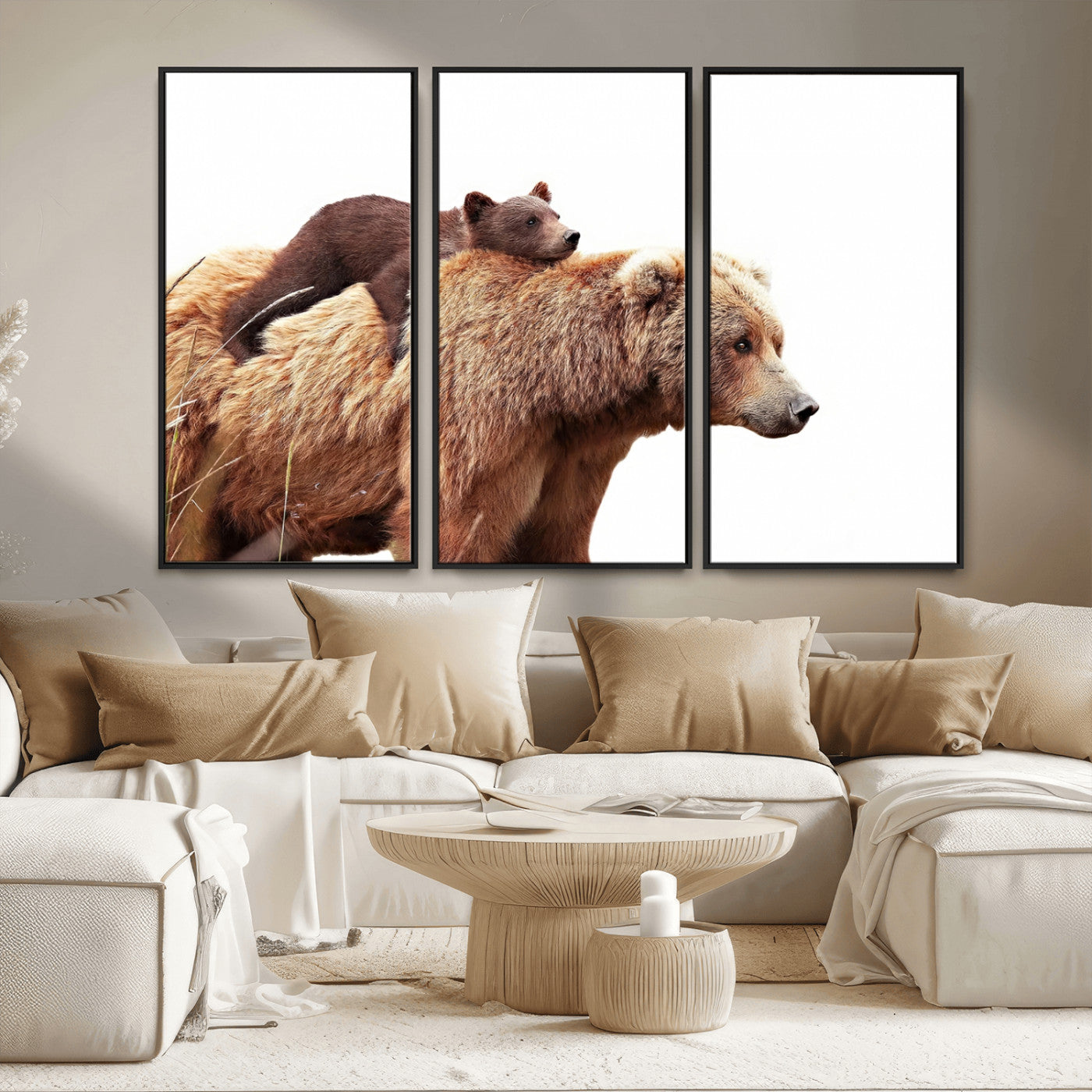 MGV-FC-48X32-3P - Mother and Baby Bear Canvas Wall Art - Adorable Wildlife Animal Print, Cozy Rustic Decor for Living Room,