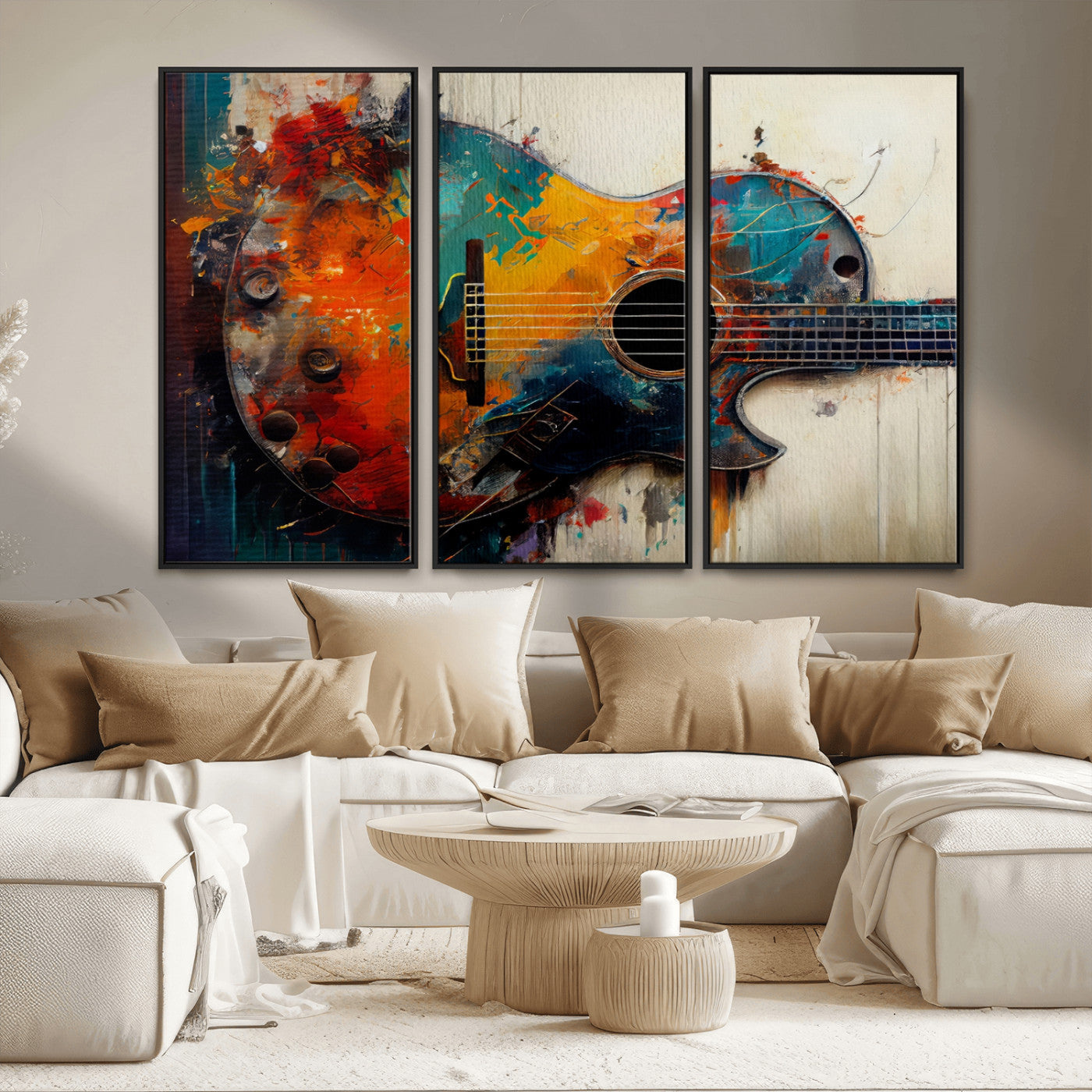 MGV-FC-48X32-3P - Abstract Guitar Wall Art Canvas | Vibrant Music-Inspired Art for Living Room or Studio | Colorful Music Decor Canvas Print