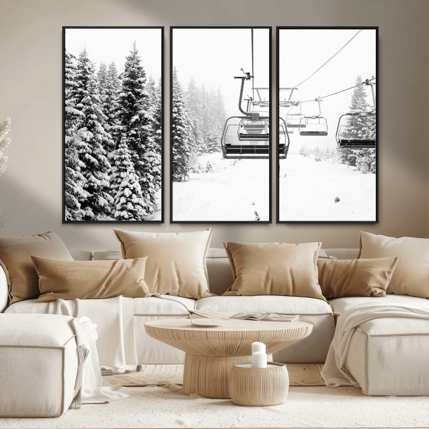 MGV-FC-48X32-3P - Ski Wall Art - Ski Lift Wall Art Canvas Print Snow Covered Spruce Trees Winter Wall Art Ski Skier