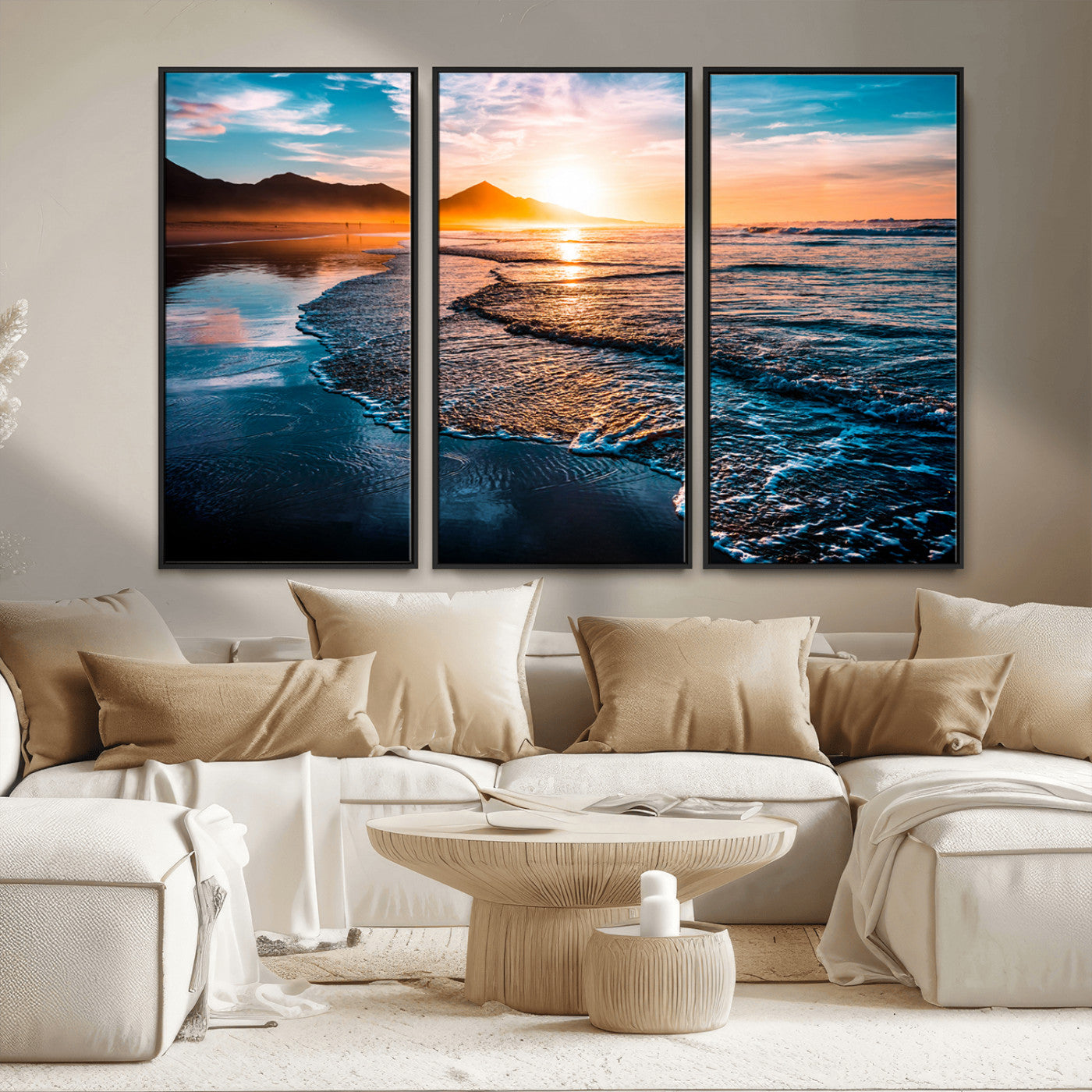 MGV-FC-48X32-3P - Sunset Beach Ocean Canvas Wall Art – Tranquil Ocean Reflections at Dusk – Ready to Hang