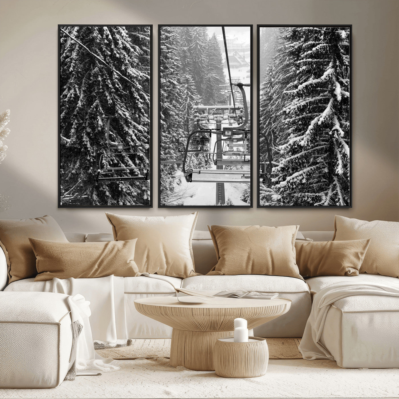 MGV-FC-48X32-3P - Winter Ski Lift Black and White Canvas Wall Art – Alpine Escape in Minimalist Style – Ready to Hang