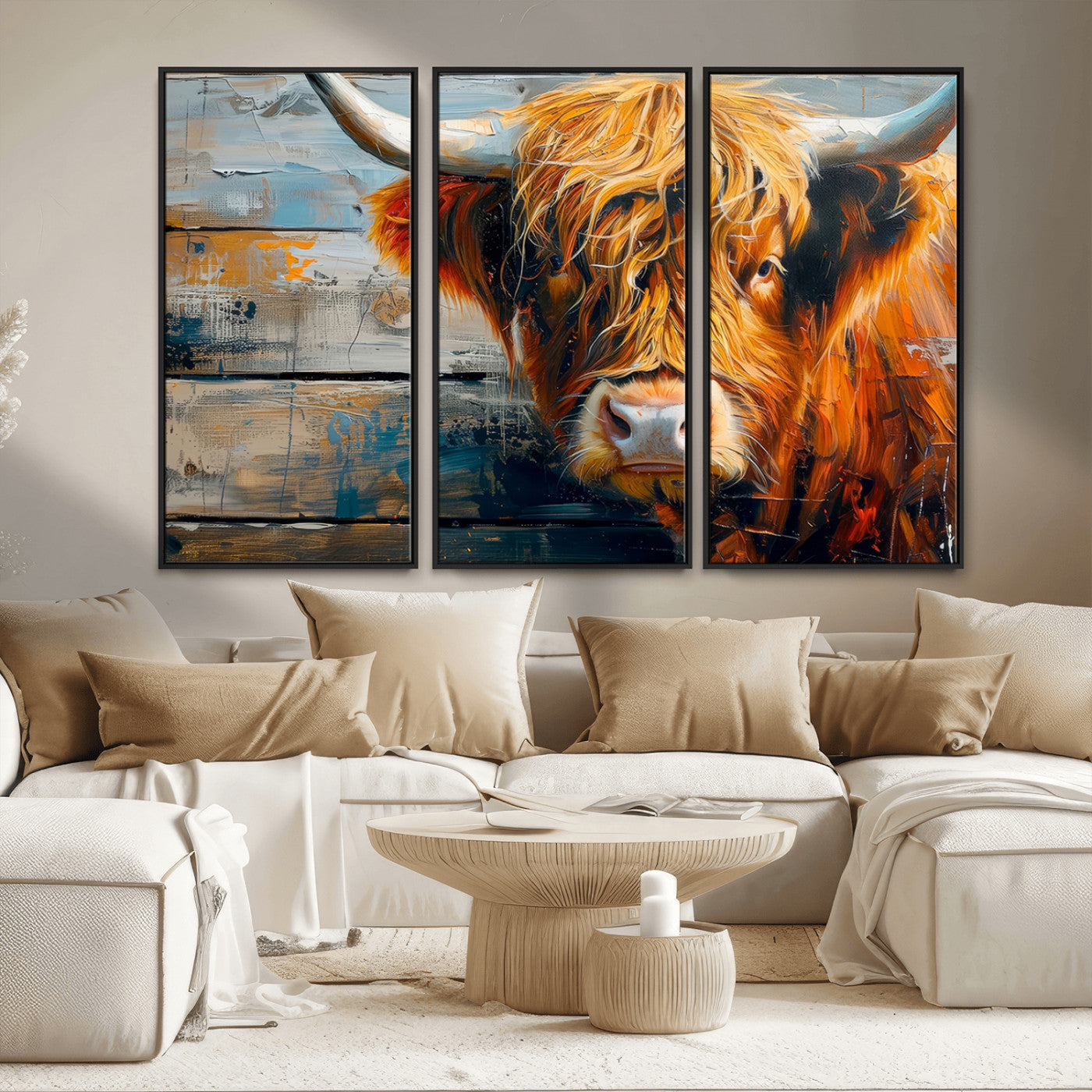 -Highland Cow Abstract Canvas Wall Art – Bold Farmhouse Rustic Decor – Ready to Hang