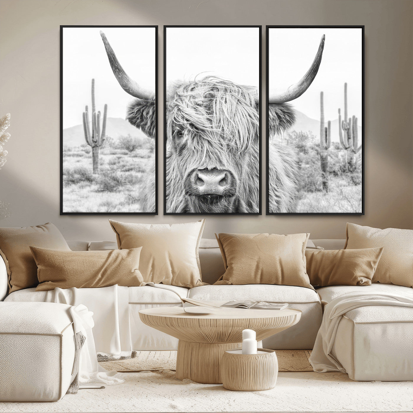 -Rustic Charm | Cow Longhorn Black White Bighorn Wall Art Canvas Print | Farmhouse Wall Art