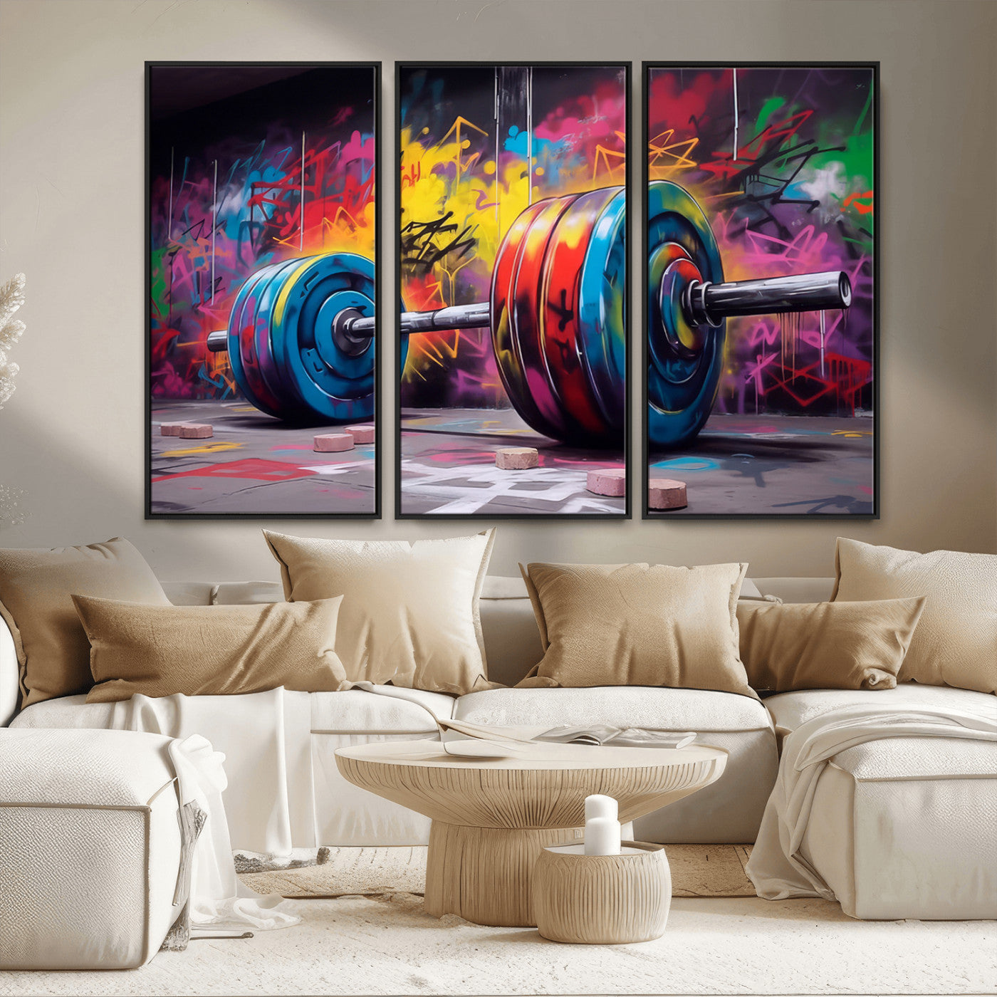 MGV-FC-48X32-3P - Abstract Graffiti Barbell Canvas Wall Art – Urban Fitness Meets Bold Street Art Print - Gym Wall Art Print