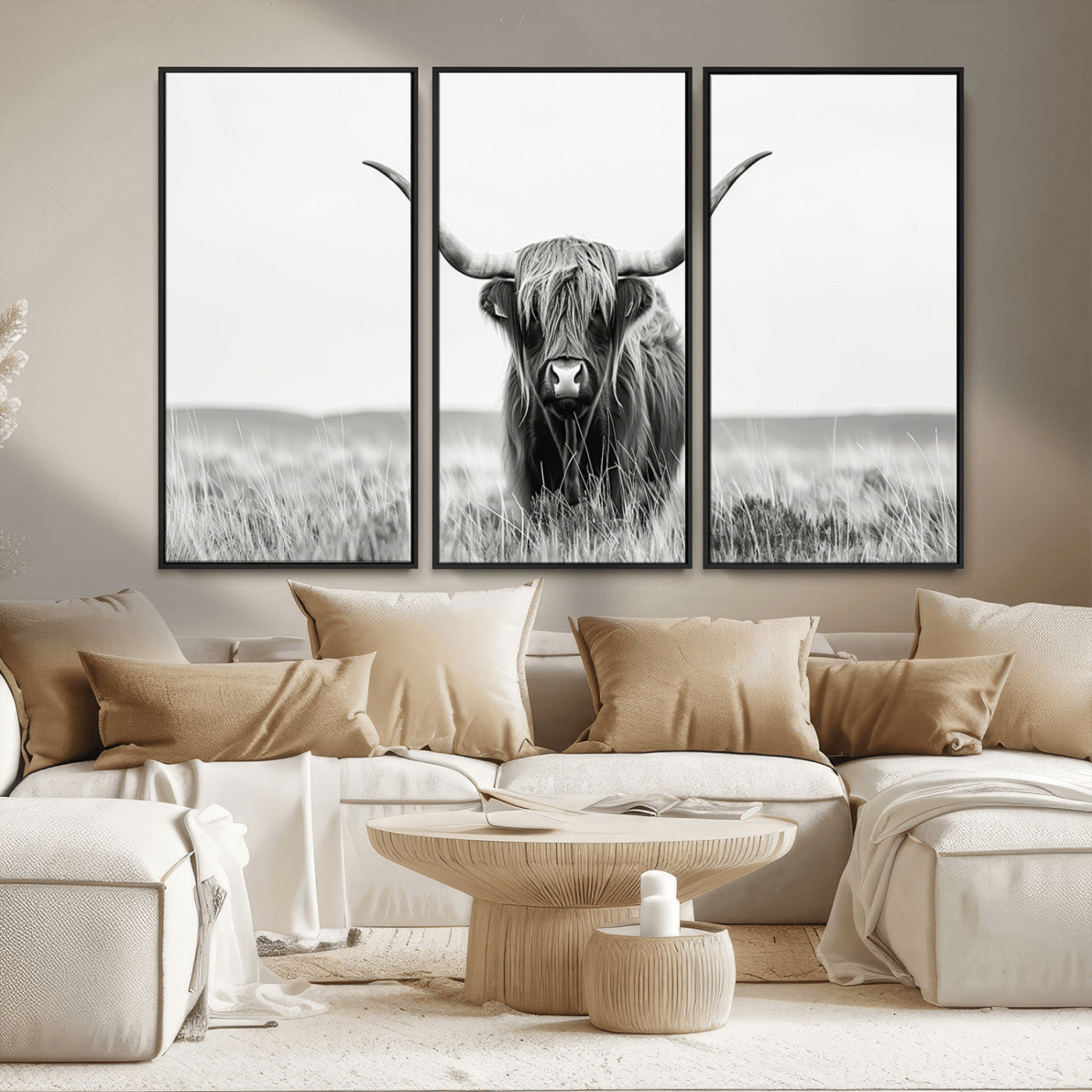 MGV-FC-48X32-3P - Highland Cow Canvas Wall Art – Majestic Beauty in Black and White