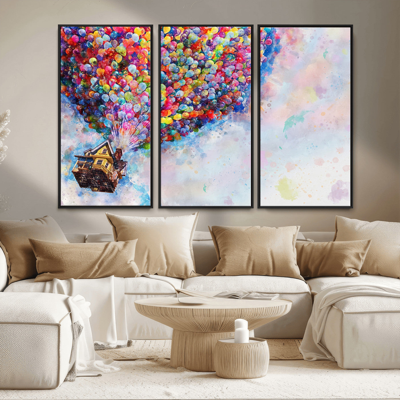 MGV-FC-48X32-3P - Don't Look Up Movie Canvas Wall Art - Vibrant Floating House and Balloons Scene, Tribute to Iconic
