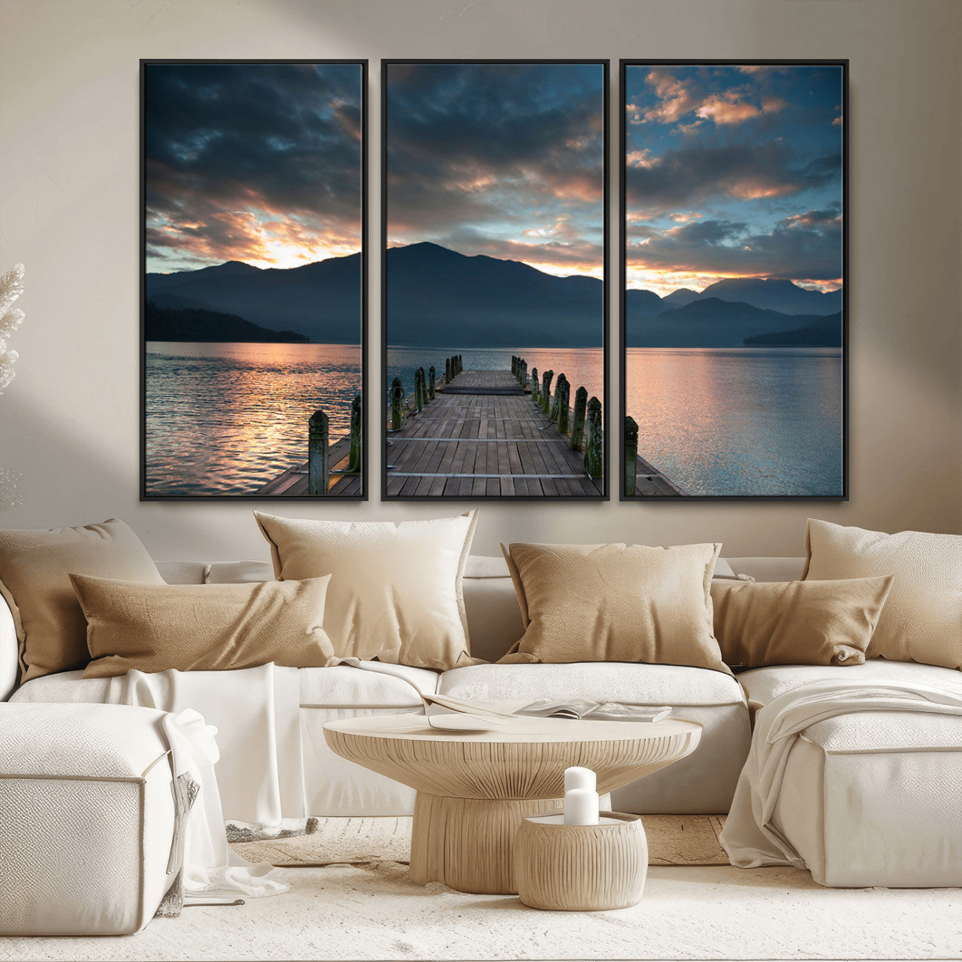 MGV-FC-48X32-3P - Mountain Lake Wood Pier Canvas Wall Art Nature Lake Print