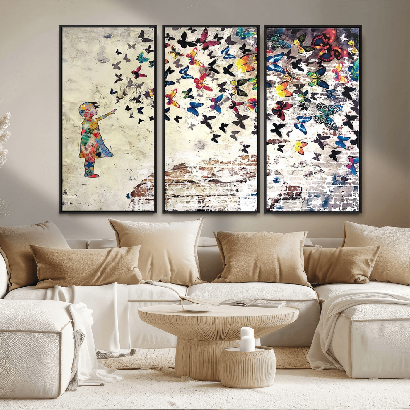 MGV-FC-48X32-3P - Banksy Wall Art - Banksy Girl Butterfly Graffiti Wall Art Canvas Print - Butterfly Girl and Freedom Flight - Vibrant Street Art Print