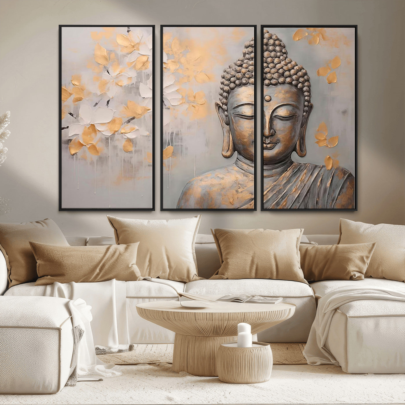 MGV-FC-48X32-3P - Abstract Buddha Statue Wall Art Canvas Print - Modern Meditation Decor for Living Room, Office, Yoga Studio Decor
