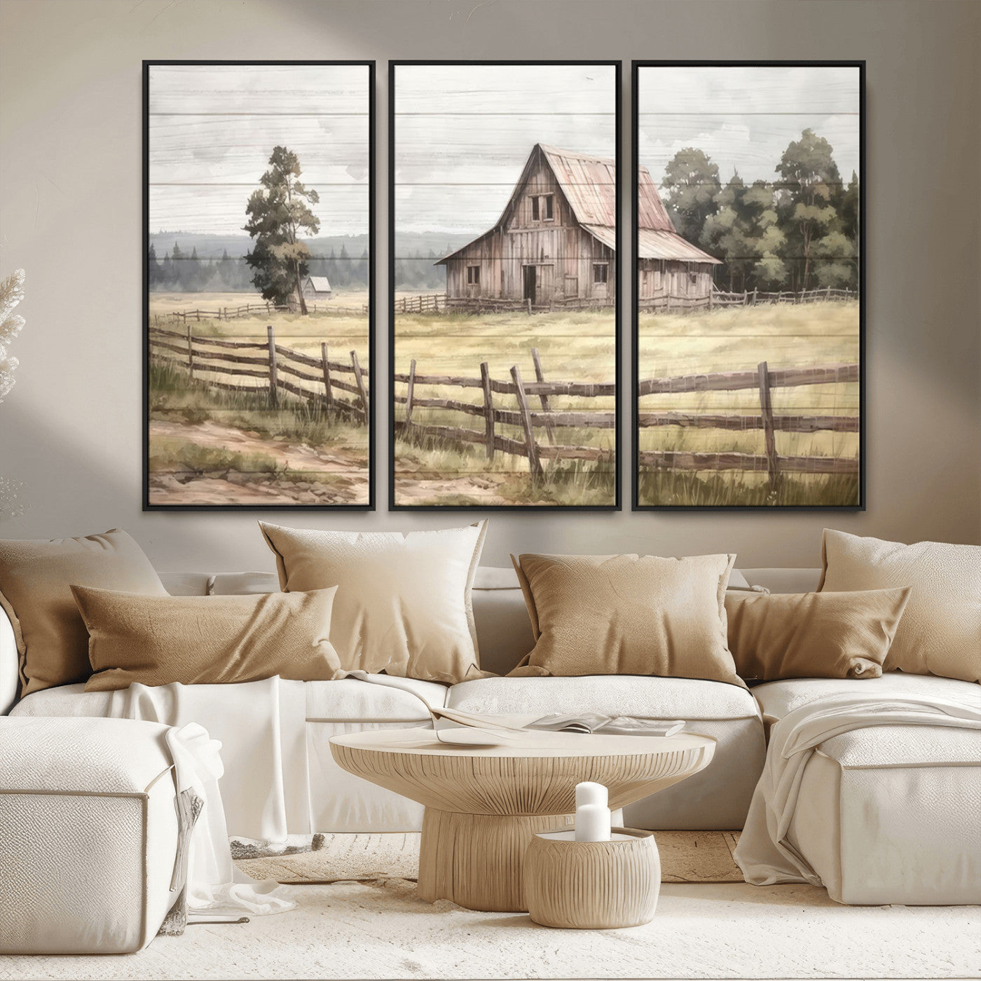 MGV-FC-48X32-3P - Rustic Farmhouse Barn Wall Art | 3-Panel Framed Gallery Wrap Giclee Canvas Print for Living Room, Farmhouse, or Office | Country Landscape Wall Art