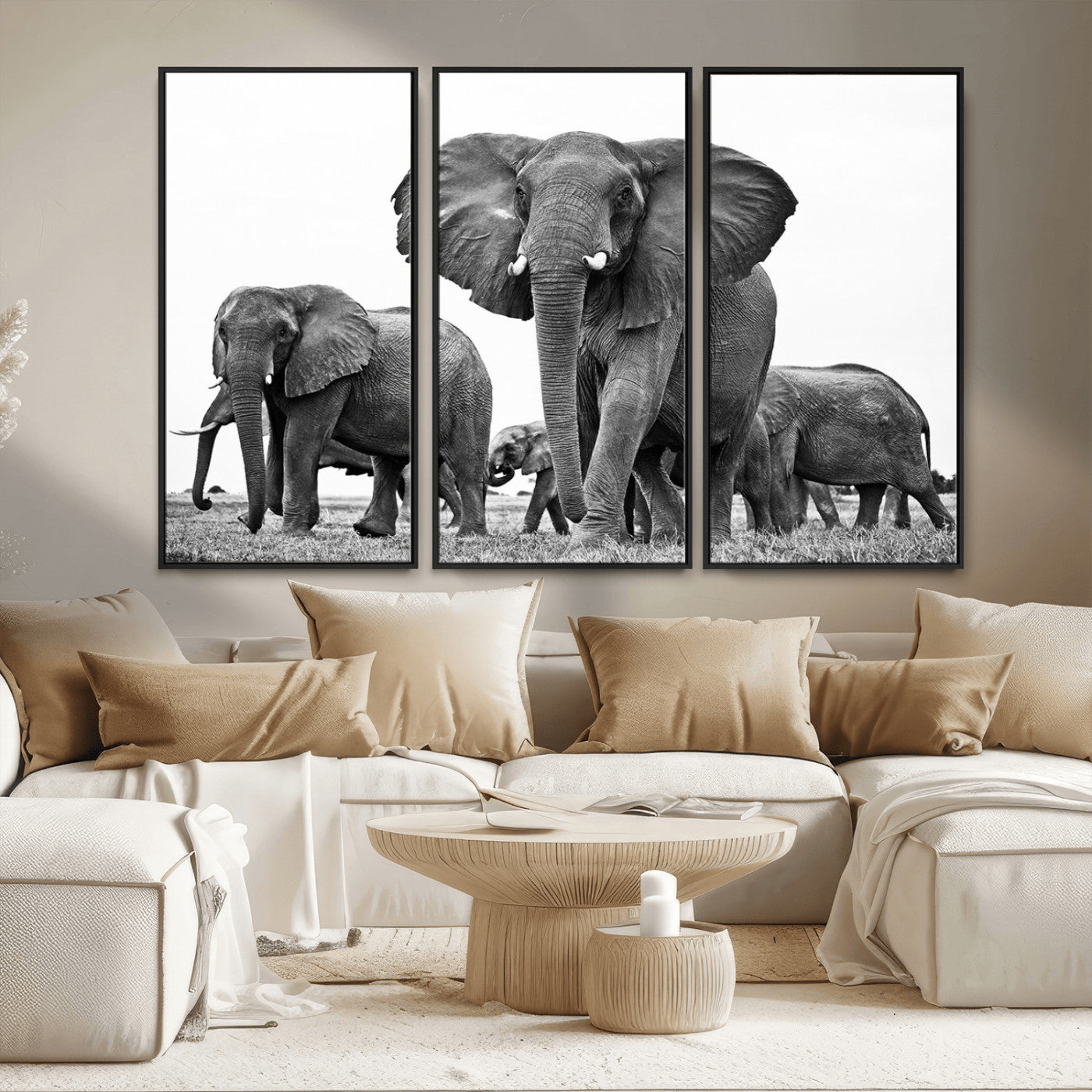 MGV-FC-48X32-3P - Black White Elephant Family Wall Art Canvas Print