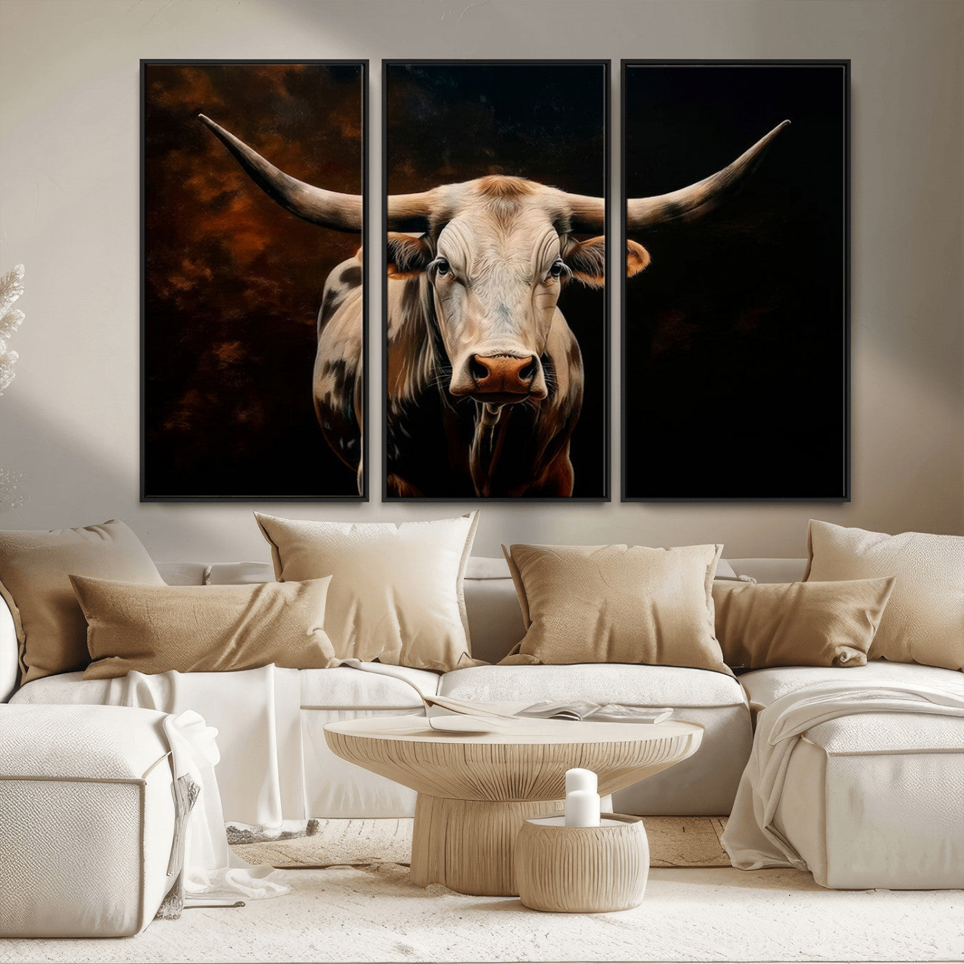 MGV-FC-48X32-3P - Texas Longhorn Wall Art | 3-Panel Large Texas Longhorn Canvas Print for Living Room, Office, or Farmhouse Decor | Framed Giclee Longhorn Wall Art