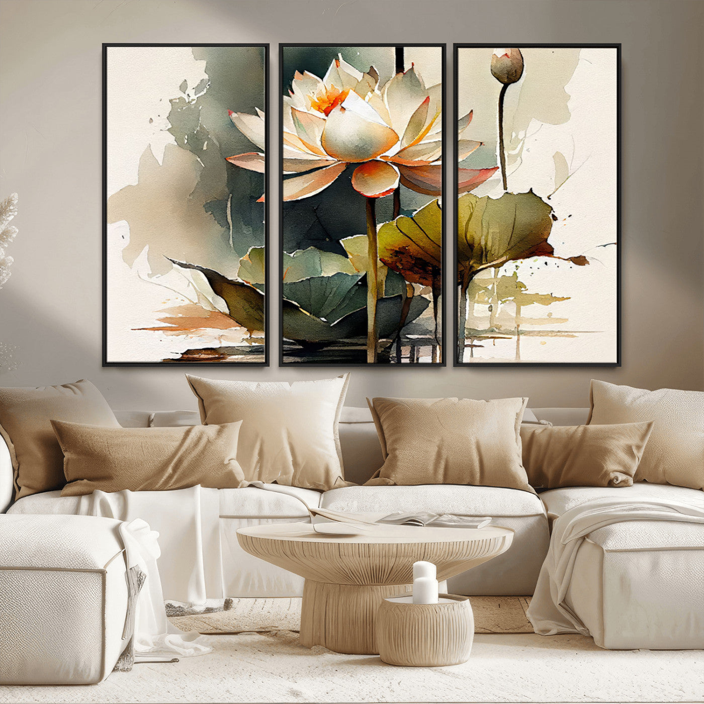 MGV-FC-48X32-3P - Lotus Flower Watercolor Canvas Print – A Symbol of Serenity and Growth, Captured in Soft Watercolors – Contemporary Wall Art for Tranquil Spaces