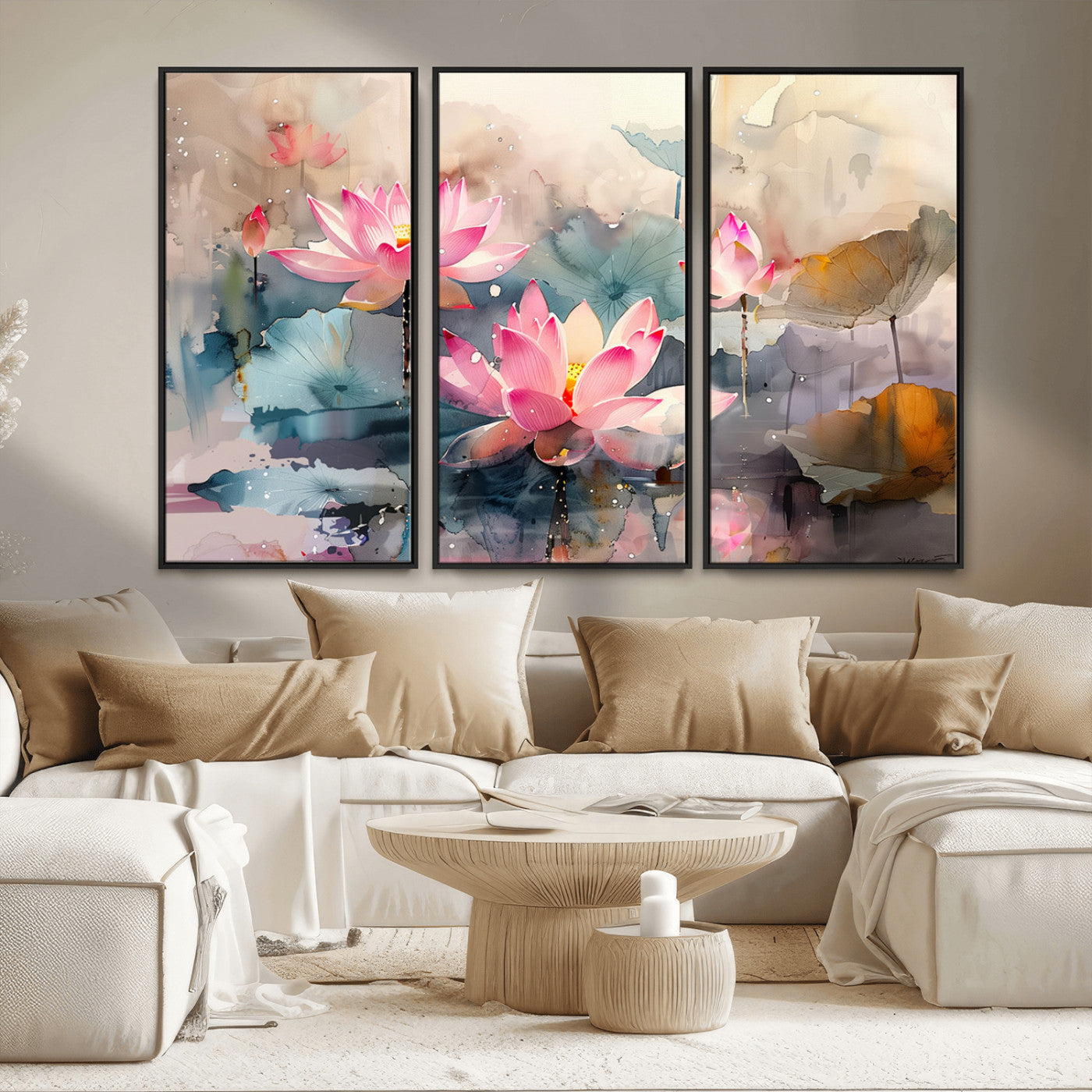 MGV-FC-48X32-3P - Lotus Flower Wall Art | 3-Panel Giclee Canvas Print of Pink Lotus Blossoms for Living Room, Bedroom, Office | Framed Lotus Floral Wall Art Decor Print