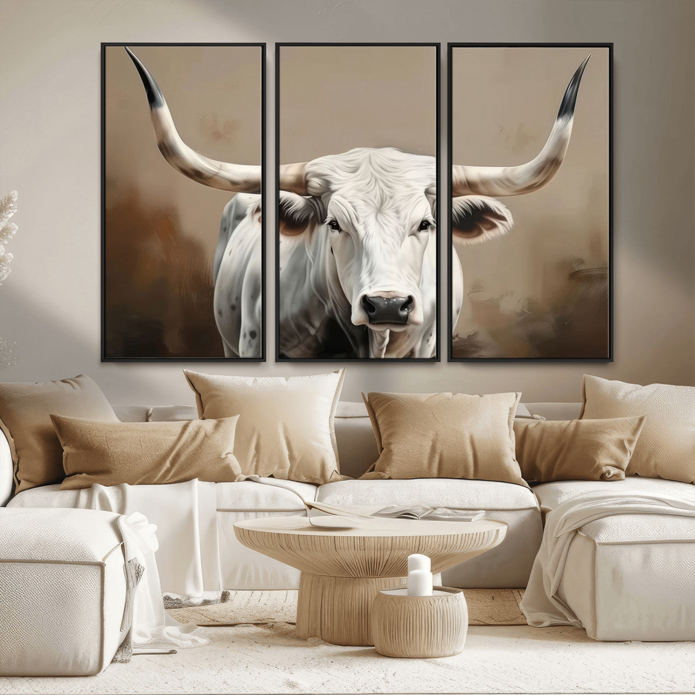 -White Longhorn Bull Wall Art Canvas Print – Framed and Ready to Hang – Perfect for Farmhouse and