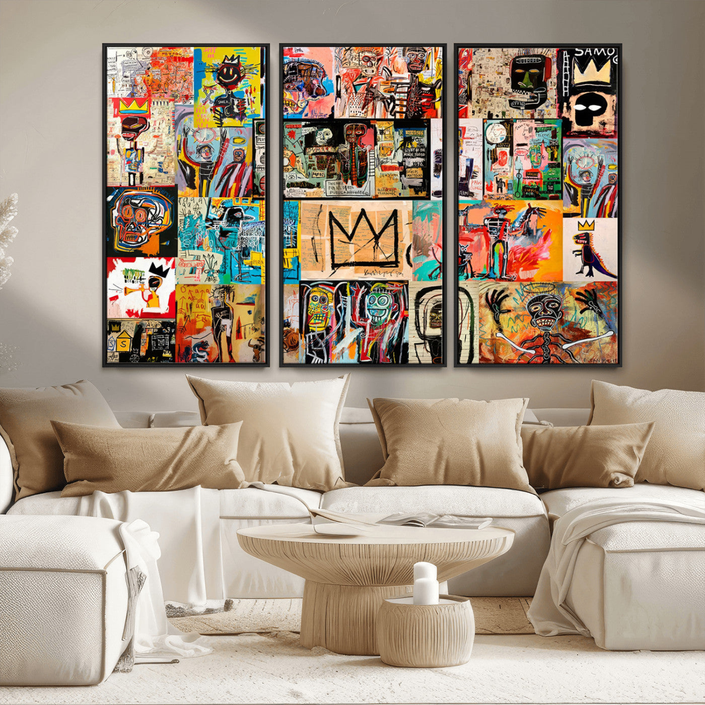MGV-FC-48X32-3P - Basquiat Art Collage Wall Art Canvas Print – Framed, Ready to Hang, Urban Graffiti Style