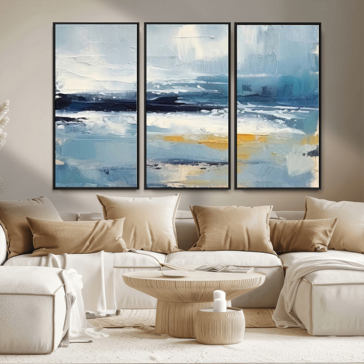 MGV-FC-48X32-3P - Abstract Ocean Canvas Wall Art - Coastal Blue and Gold Textured Painting, Modern Seascape Decor for Living Room Decor