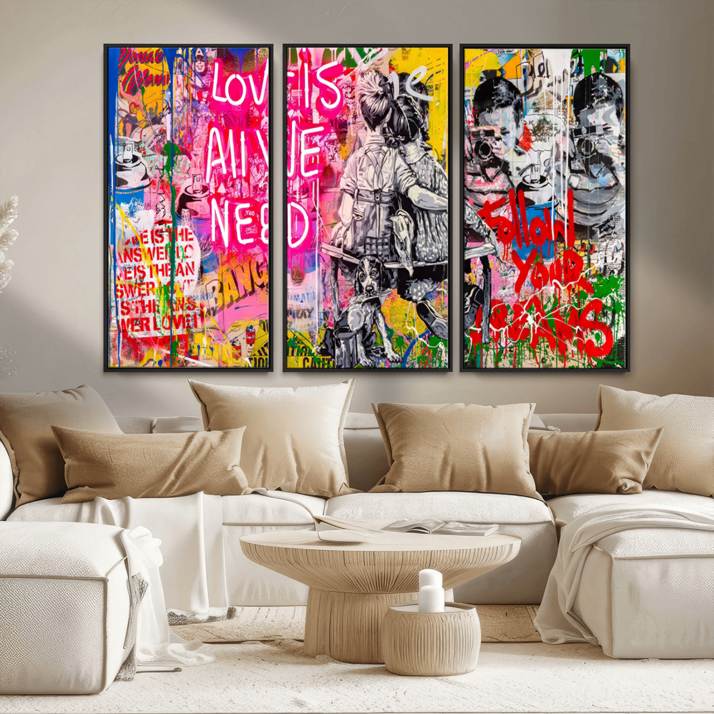 MGV-FC-48X32-3P - Follow Your Dreams & Love is All We Need Graffiti Street Art Triptych | 3-Panel Colorful Urban Wall Art for Living Room, Office, Loft Graffiti Wall Art Print