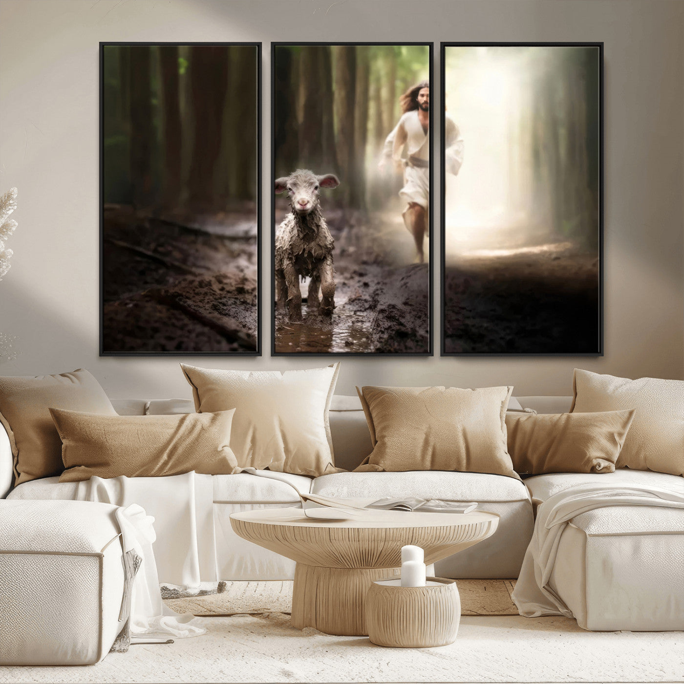 MGV-FC-48X32-3P - Jesus Canvas Wall Art - Jesus Running After Lost Lamb, Jesus, Christian Home Decor - Church Wall Art