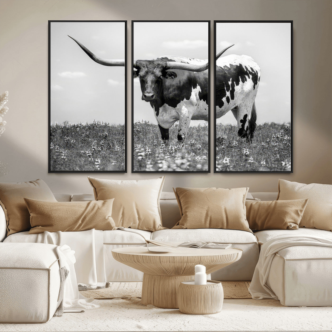 94709-MGV-FC-48X32-3P_Black-Texas Black White Highland Longhorn Cow Wall Art Canvas Print