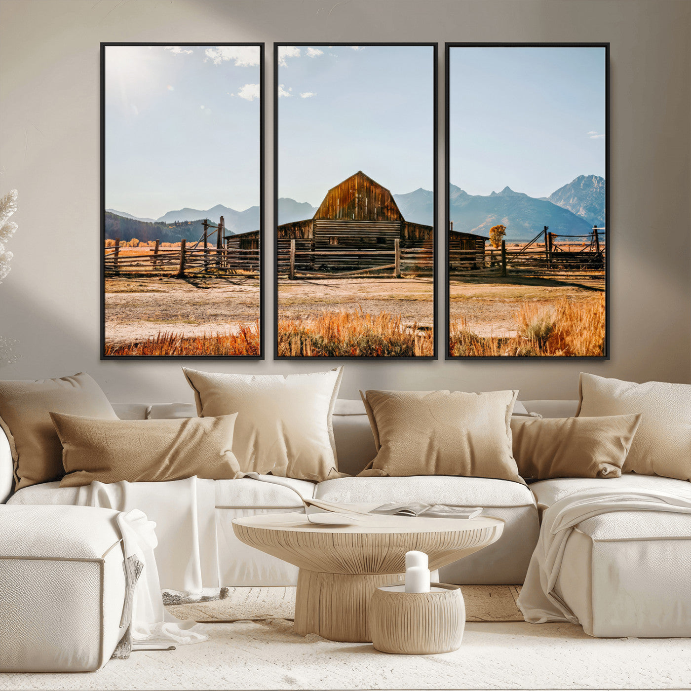 MGV-FC-48X32-3P - Vintage Old Barn Field Wall Art Canvas Print for Farmhouse Decor - Rustic Barn Wall Art Canvas Print