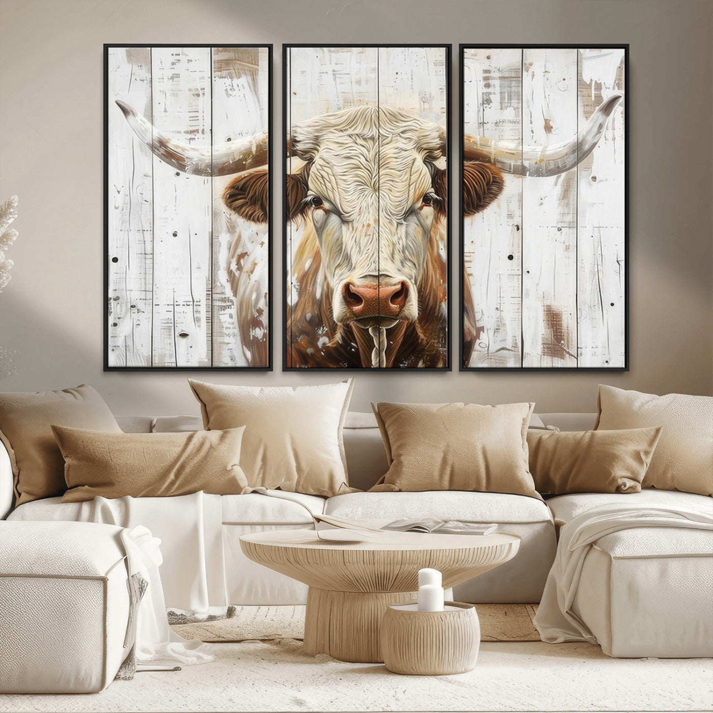 -Rustic Longhorn Bull Wall Art Canvas Set – Western-Inspired Farmhouse Décor - Ready to Hang