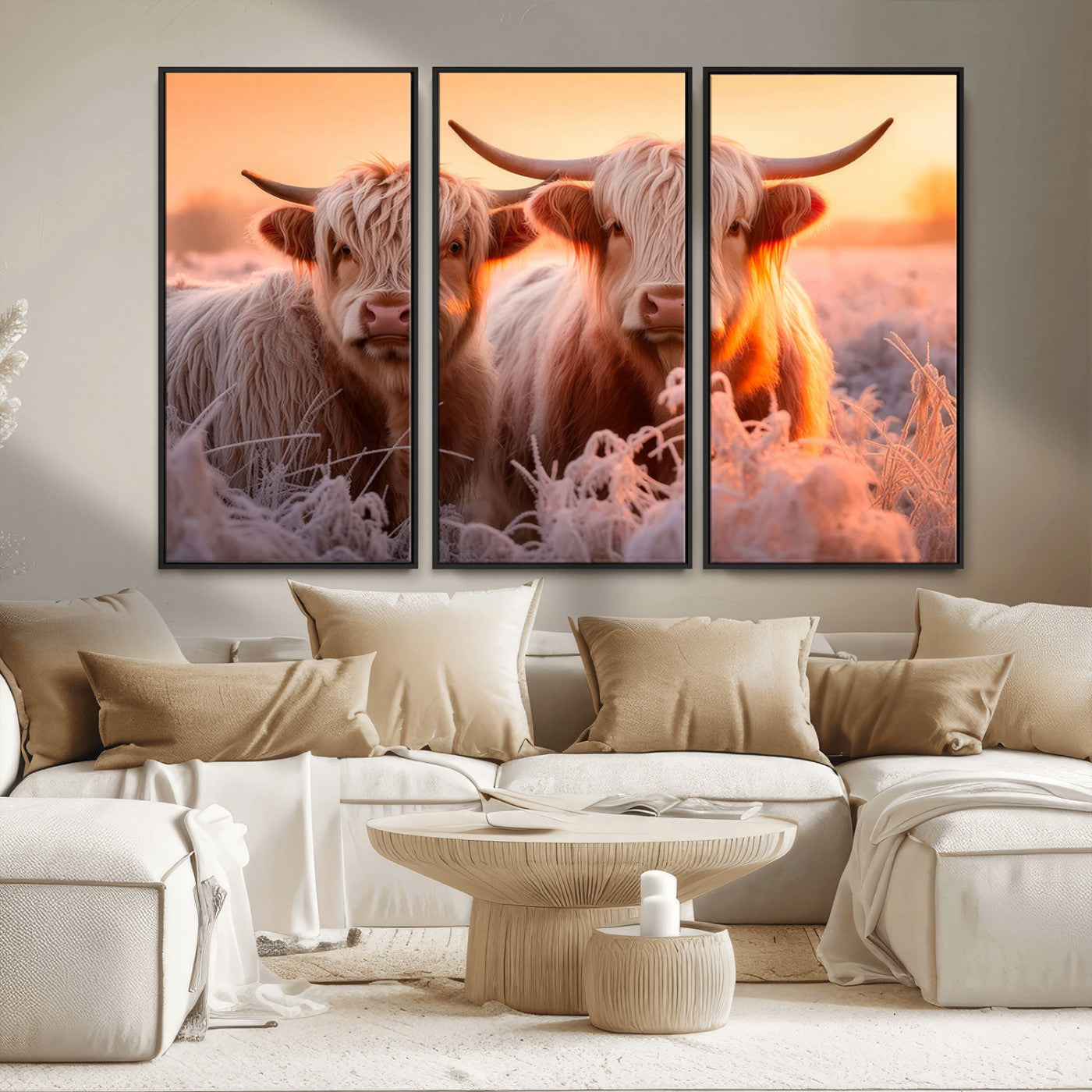 -Highland Cows at Sunrise Wall Art Canvas Set – Serene and Rustic Farmhouse Decor