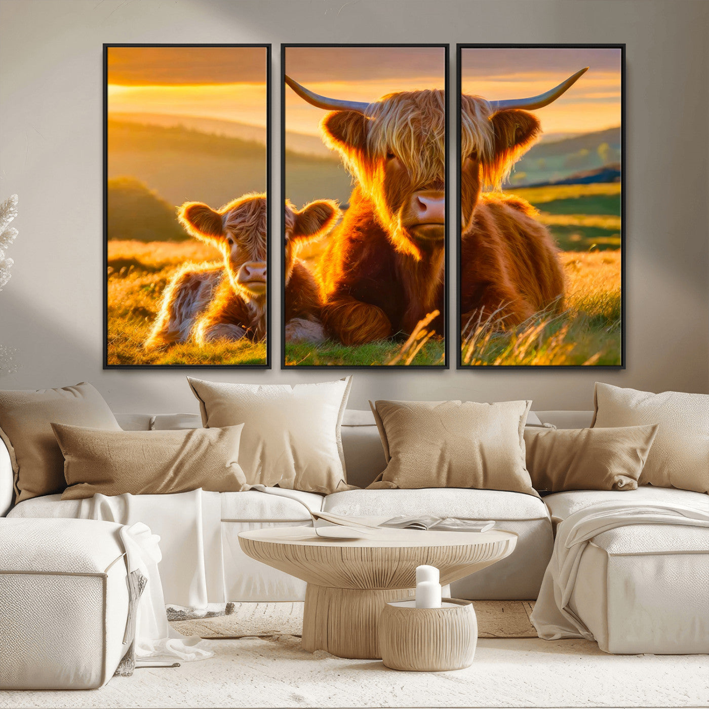20567-MGV-FC-48X32-3P_Black-Scottish Cow and Baby Cow Canvas Wall Art Animal Print Fluffy Cattle Framed Farmhouse Decor