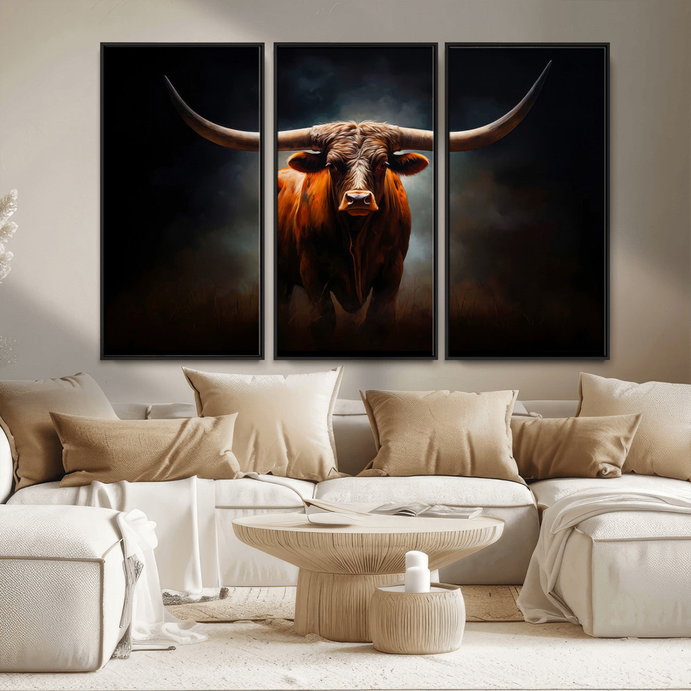 MGV-FC-48X32-3P - Abstract Texas Longhorn Wall Art Print | 3-Panel Large Texas Longhorn Canvas Print for Living Room, Office  Farmhouse Decor | Framed Longhorn Wall Art