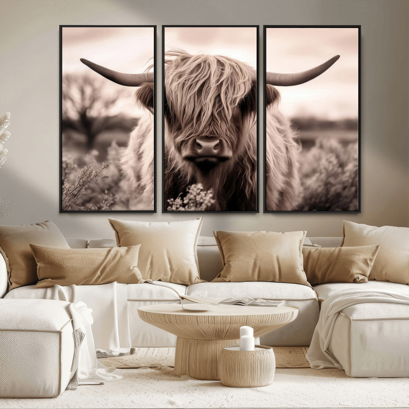 MGV-FC-48X32-3P - Scottish Cow Longhorn Wall Art Canvas Print