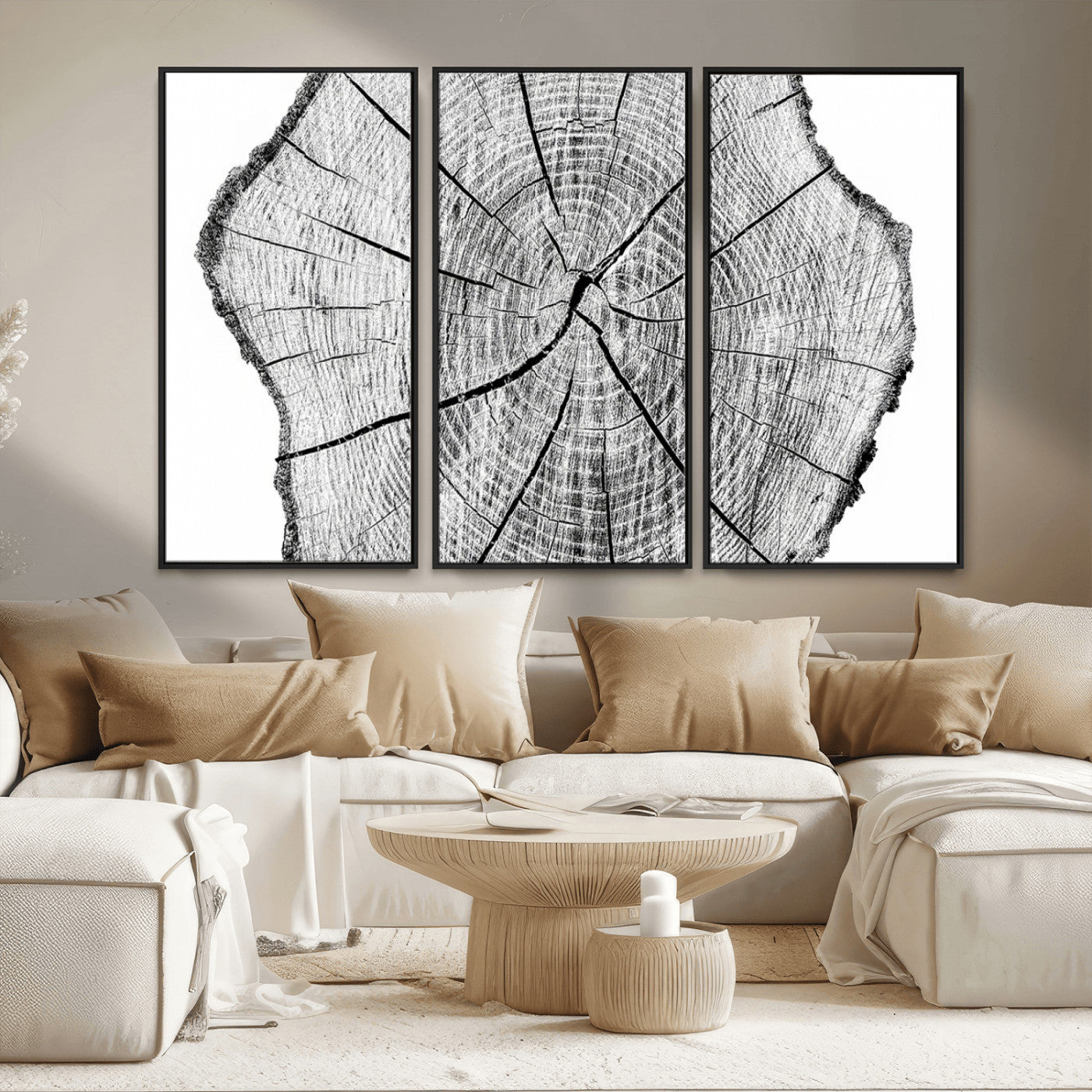 98709-MGV-FC-48X32-3P_Black-Rustic Tree Ring Wall Art Canvas Print – Framed and Ready to Hang – Perfect for Nature-Inspired and