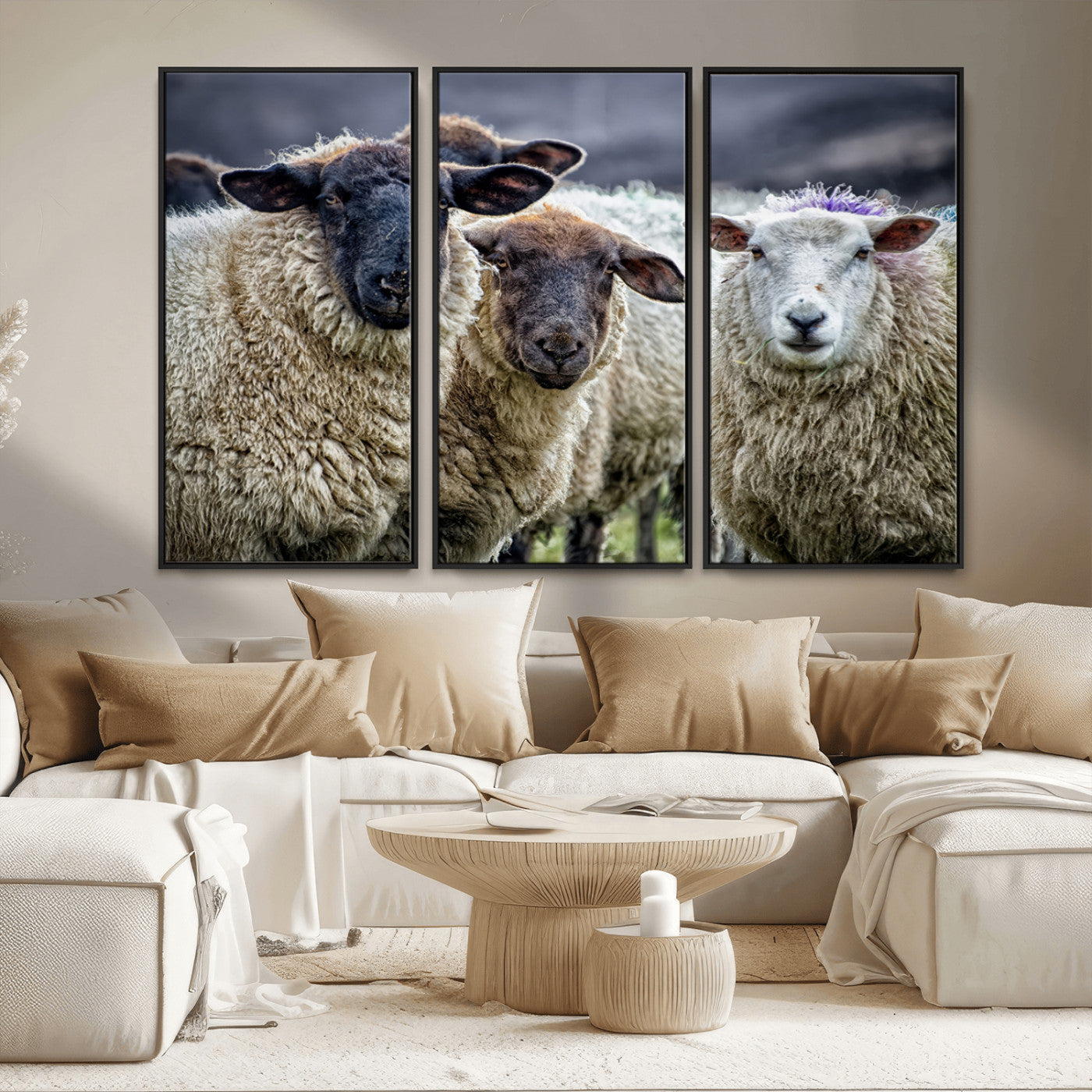 18418-MGV-FC-48X32-3P_Black-Charming Sheep Portrait Wall Art – Trio of Woolly Companions Canvas Print, Framed, Ready to Hang