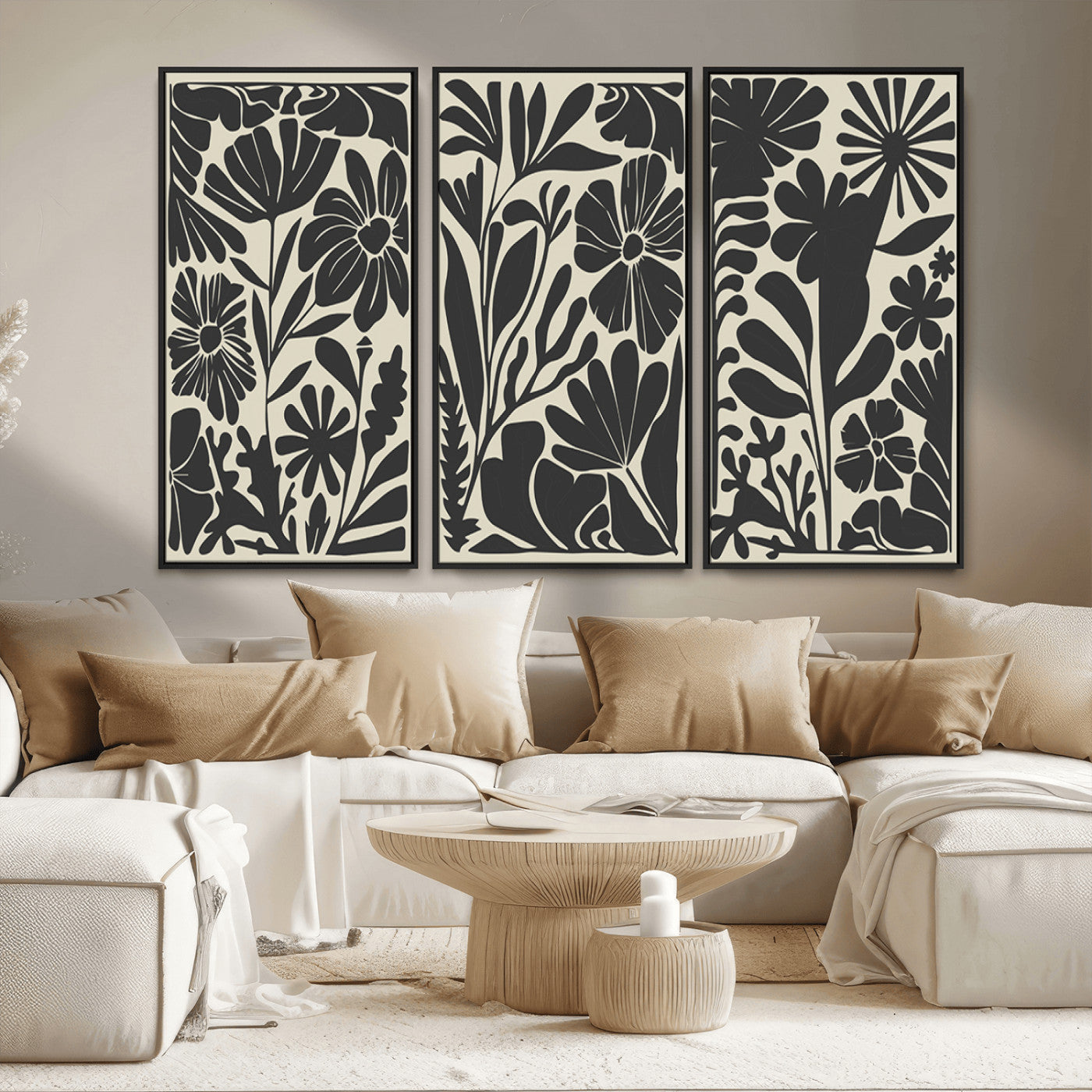 MGV-FC-48X32-3P - Modern Botanical Wall Art - Floral Black and White Canvas Print, Framed, Ready to Hang