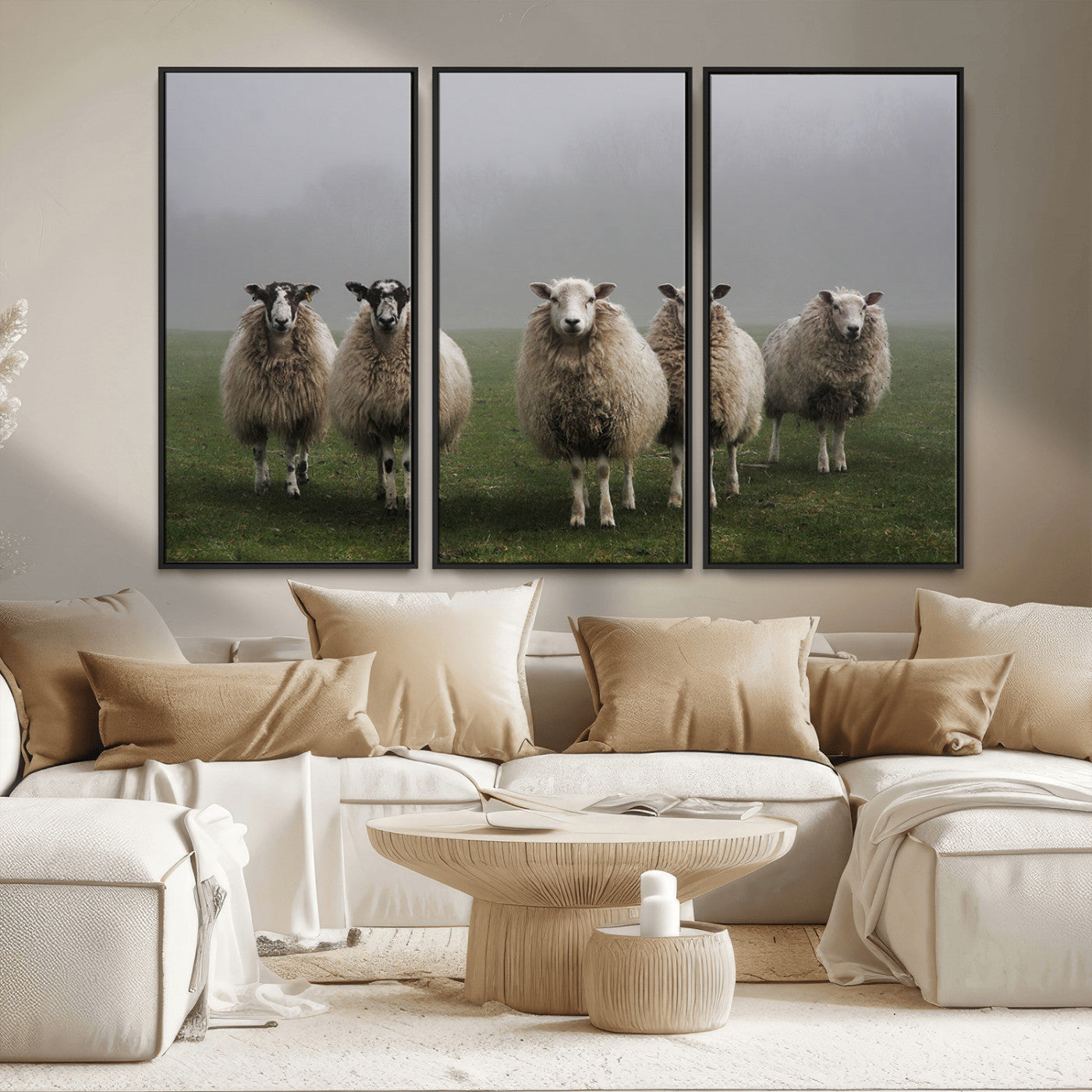 -Flock of Sheep in a Mystical Fog – Pastoral Wall Art Canvas Print, Framed, Ready to Hang