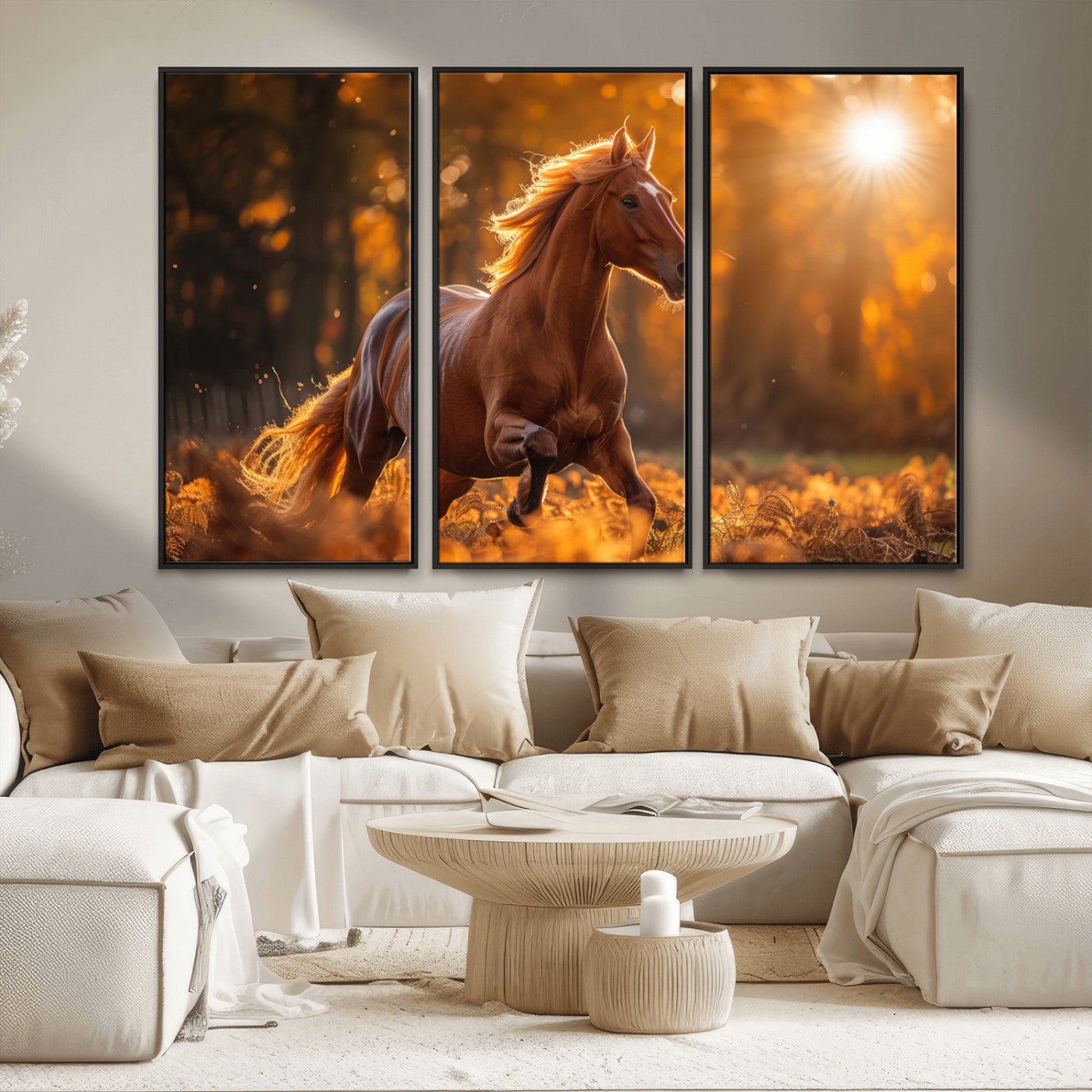 92144-MGV-FC-48X32-3P_Black-Running Horse Sunset Forest Wall Art Canvas Print