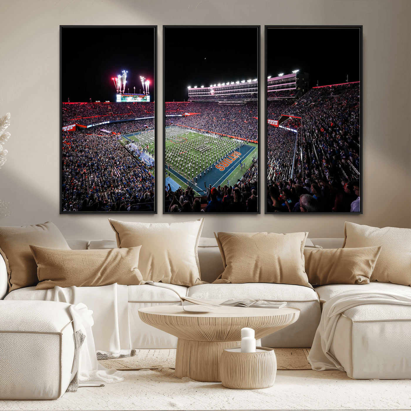 MGV-FC-48X32-3P - Ben Hill Griffin Stadium Night Game Triple Canvas Wall Art - Florida Gators Football Match