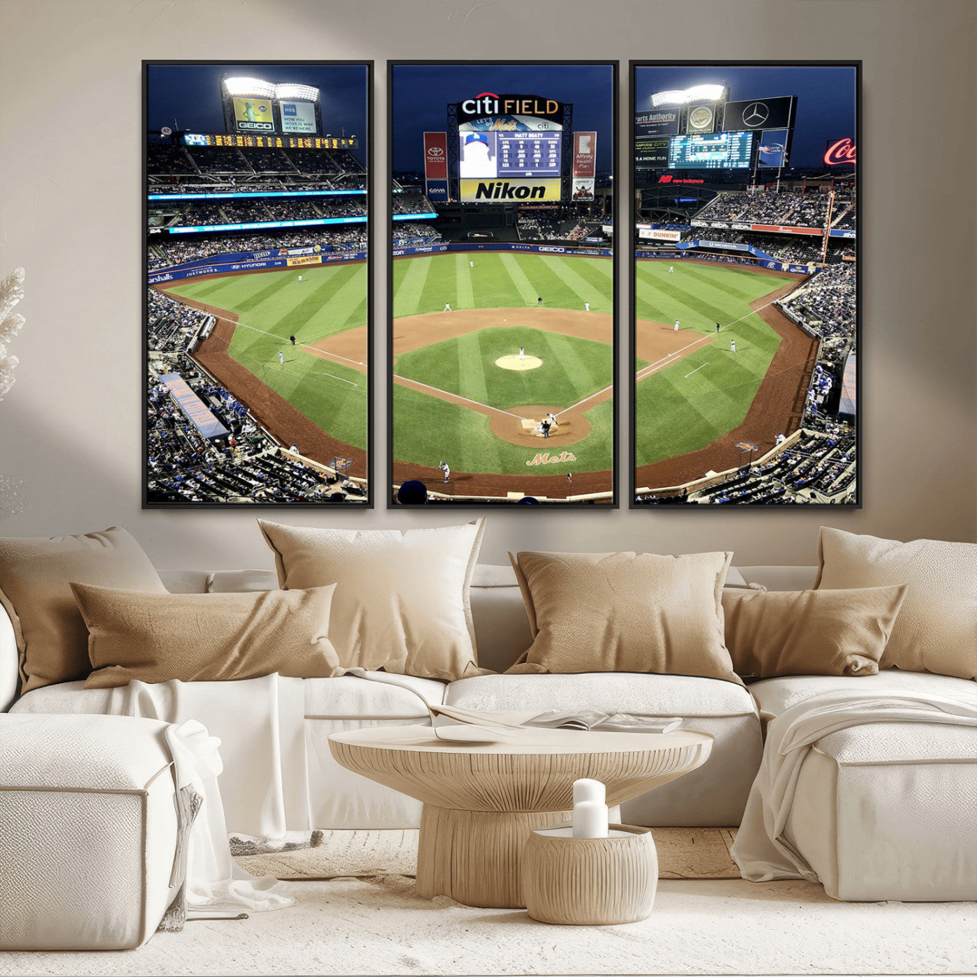 MGV-FC-48X32-3P - Citi Field Wall Art Print | 3-Panel New York Mets Baseball Stadium Canvas Print | Framed Sports Decor for Living Room, Man Cave, or Office Decor
