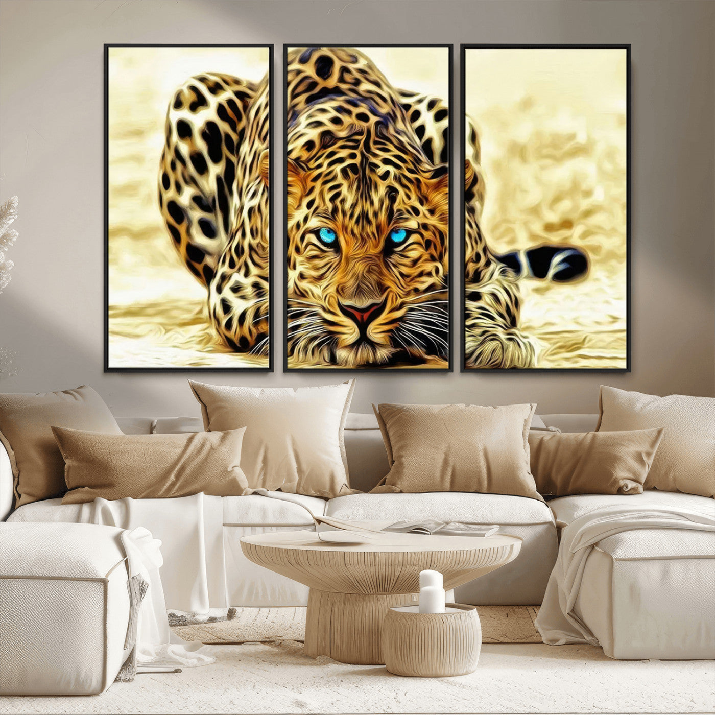 45281-MGV-FC-48X32-3P_Black-Blue-Eyed Leopard Canvas Wall Art - Framed Animal Print Ready to Hang - Fierce and Bold Decor for